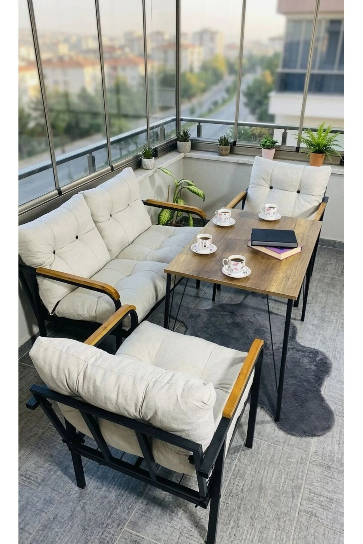 Madame Home Gri Kadife Balkon, Bahçe,Teras,Cafe - Salon - Metal Kanepe Koltuk Takımı - 2+1+1 + Masa