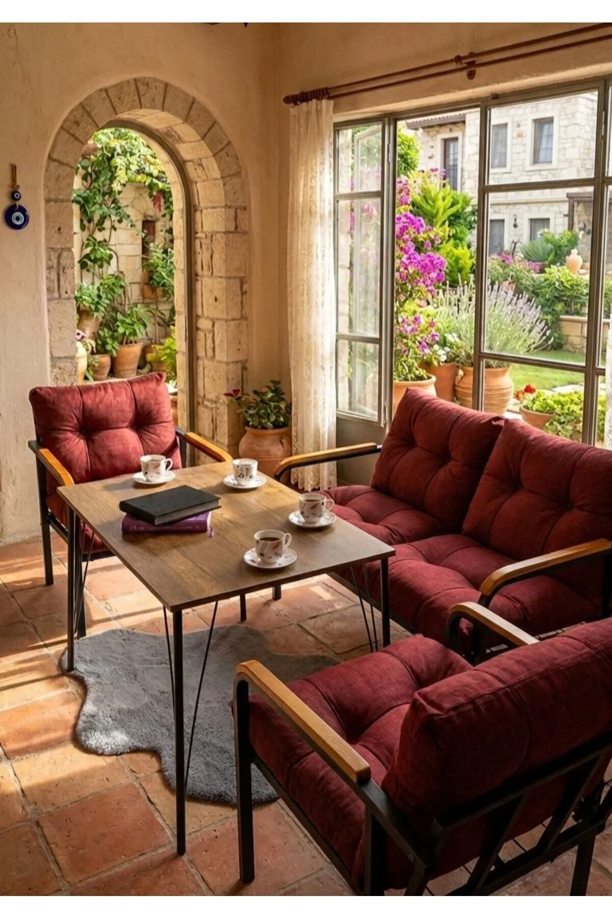 Madame Home Gri Kadife Balkon, Bahçe,Teras,Cafe - Salon - Metal Kanepe Koltuk Takımı - 2+1+1 + Masa