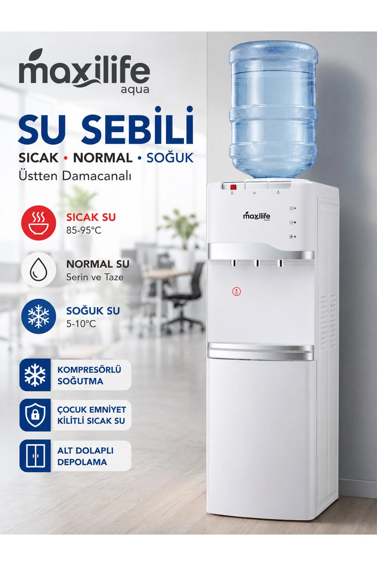 Maxilife Aqua Kompresörlü Su Sebili Sıcak Soğuk Normal Su Alt Dolaplı 3 Musluklu Su Sebili