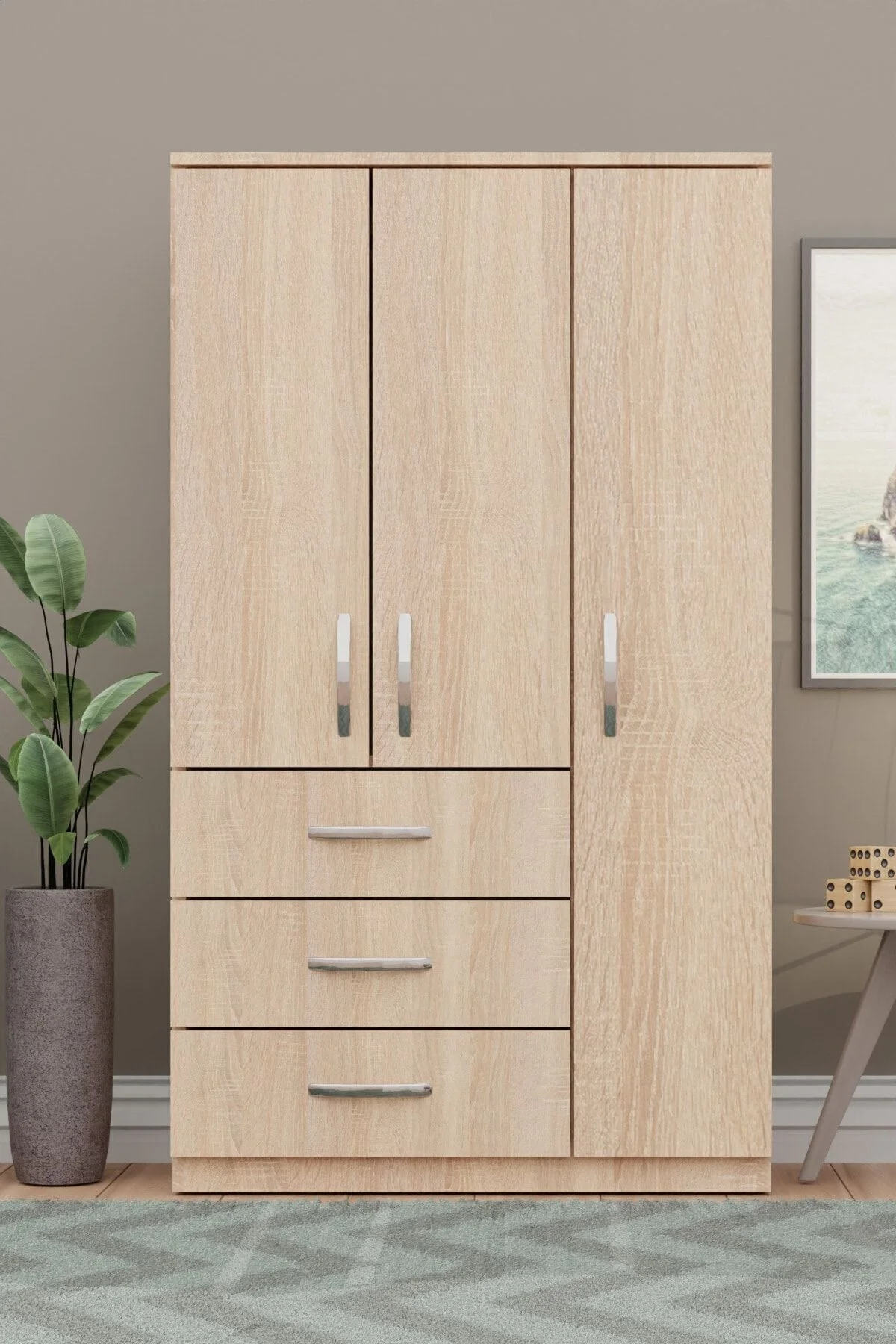 Metalia Gm 308 Ece Lüx 3 Kapı 3 Çekmeceli Düğme Kulplu Gardırop