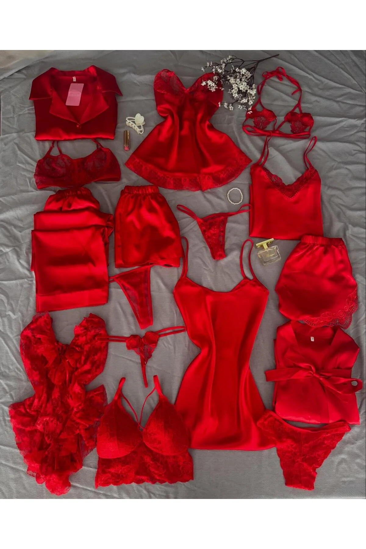 MH Moony Homewears Kutulu 16 Parça Mudodo Bordo Saten Pijama Gecelik Sabahlık Iç Giyim Çeyiz Seti