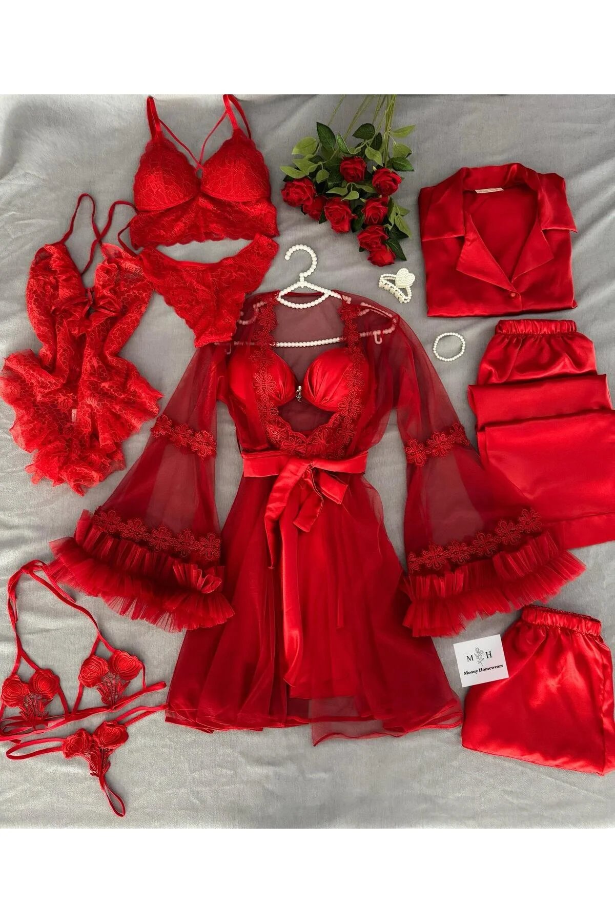 MH Moony Homewears Kutulu 16 Parça Mudodo Bordo Saten Pijama Gecelik Sabahlık Iç Giyim Çeyiz Seti