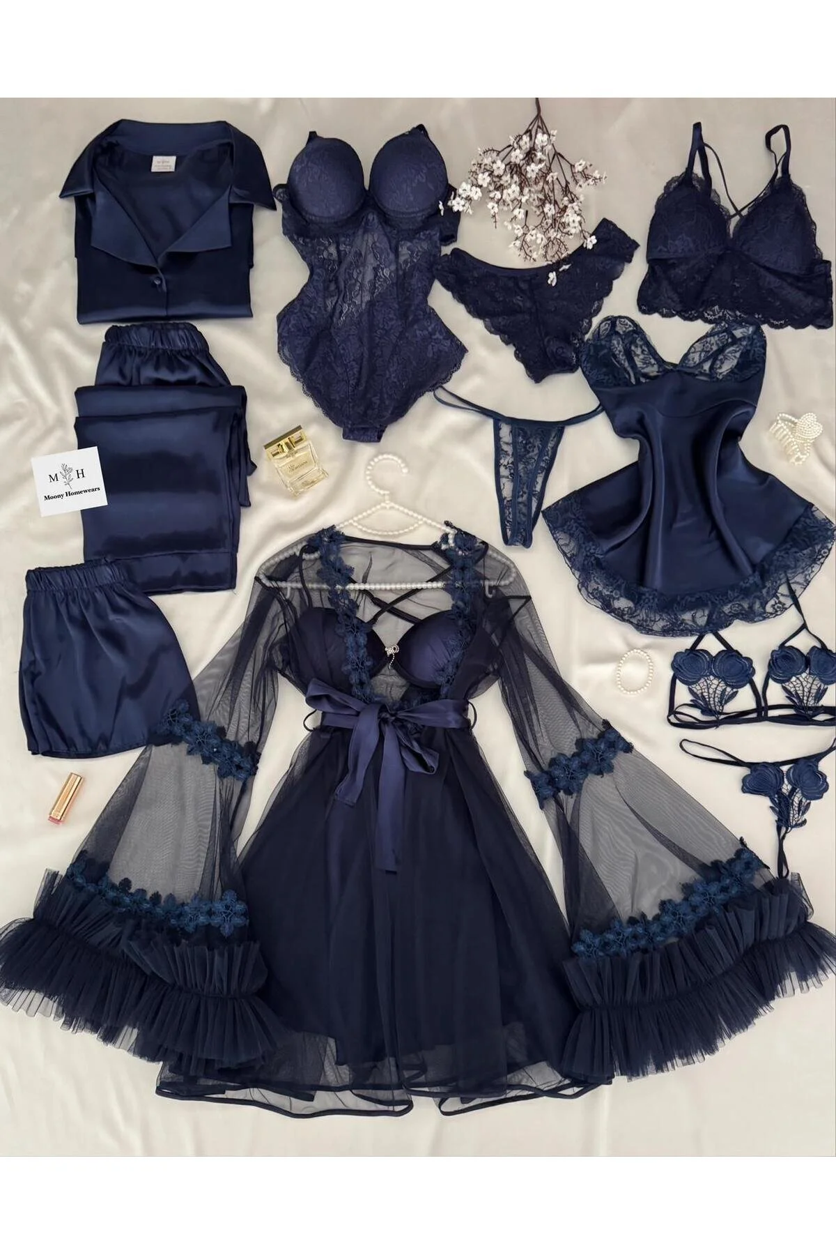 MH Moony Homewears Kutulu 16 Parça Mudodo Bordo Saten Pijama Gecelik Sabahlık Iç Giyim Çeyiz Seti