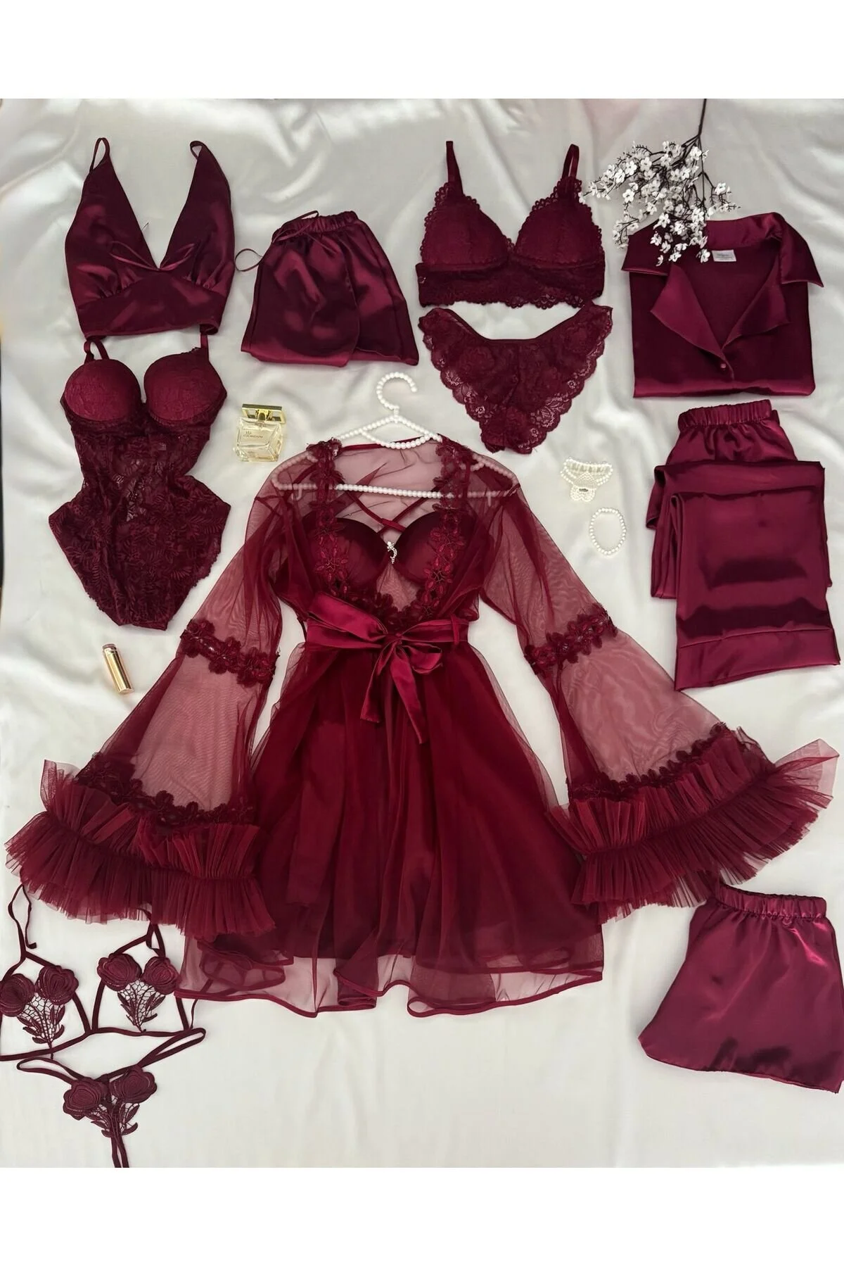 MH Moony Homewears Kutulu 16 Parça Mudodo Bordo Saten Pijama Gecelik Sabahlık Iç Giyim Çeyiz Seti
