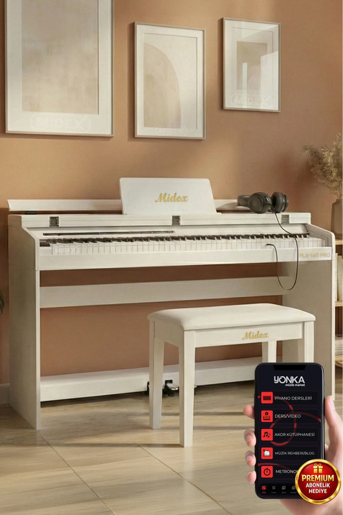 Midex Plx-140 Pro-bk Dijital Piyano Bluetooth Tuş Hassasiyeti 88 Tuşlu Kapaklı (KULAKLIK VE TABURE)