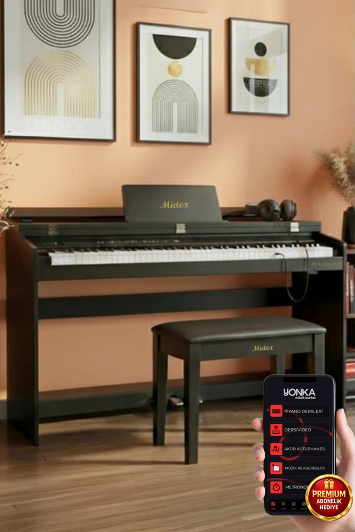 Midex Plx-140 Pro-sr Dijital Piyano Bluetooth Tuş Hassasiyeti 88 Tuşlu Kapaklı (KULAKLIK VE TABURE)
