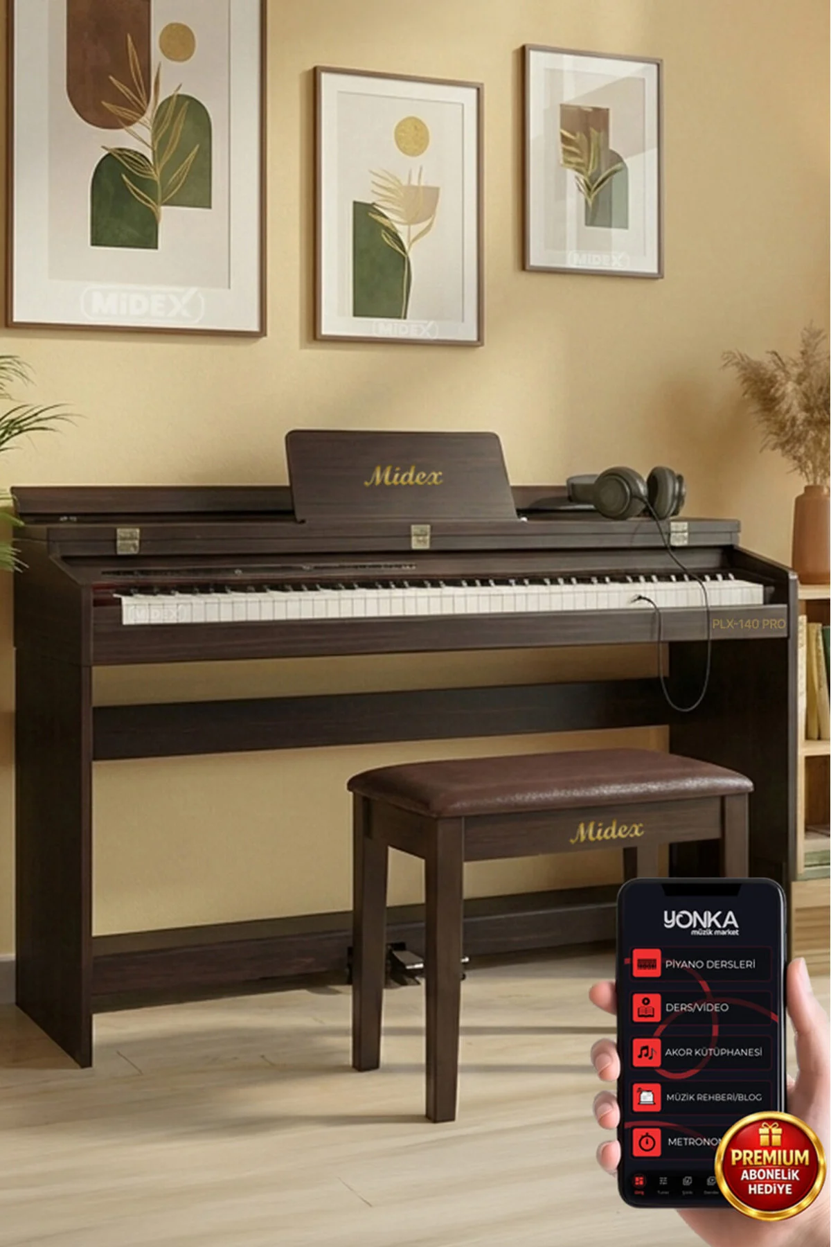 Midex Plx-140 Pro-wh Dijital Piyano Bluetooth Tuş Hassasiyeti 88 Tuşlu Kapaklı (KULAKLIK VE TABURE)