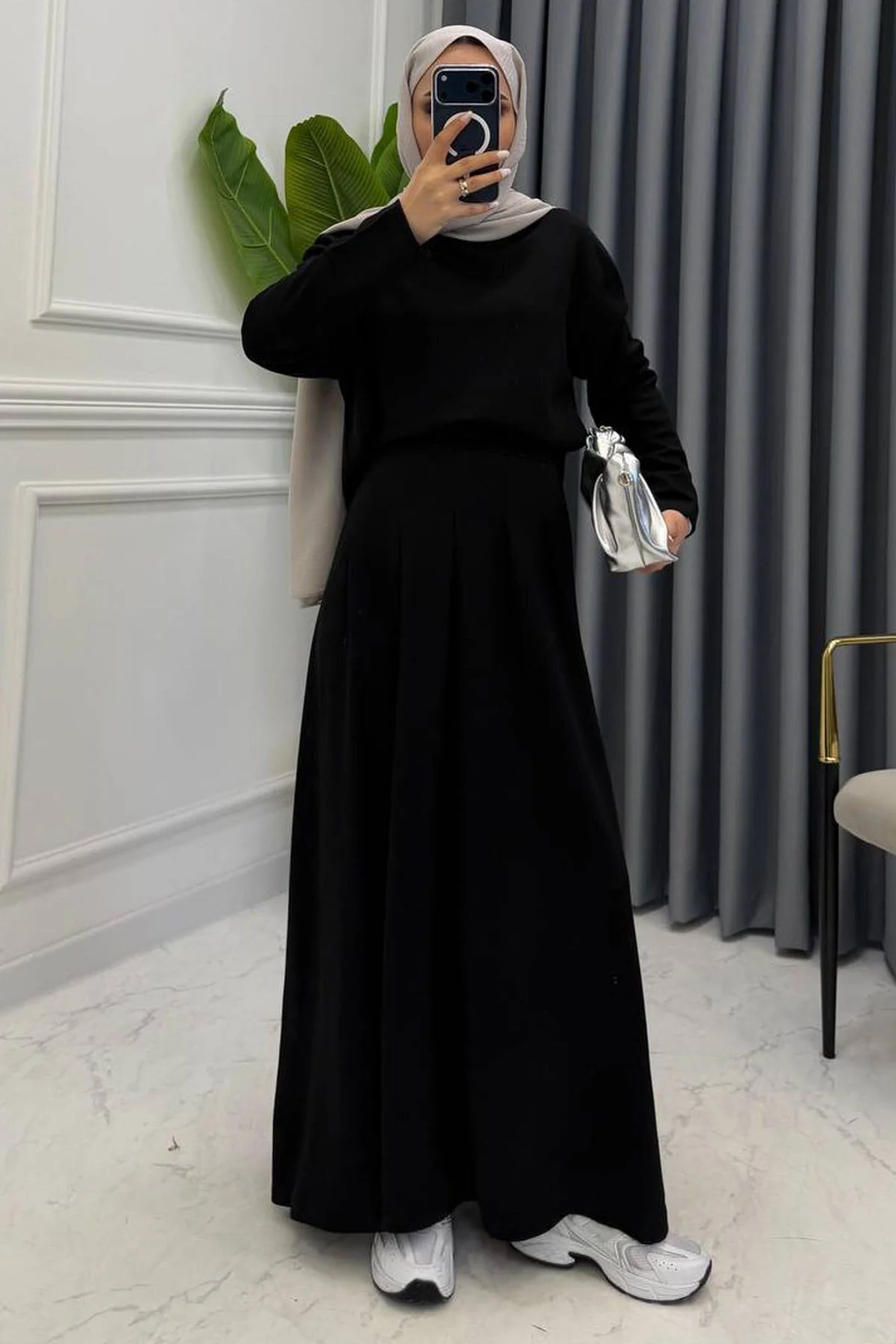 Mogi Butik Pileli Uzun Etekli Modal Tesettür Oversize Kadın Takım 3201