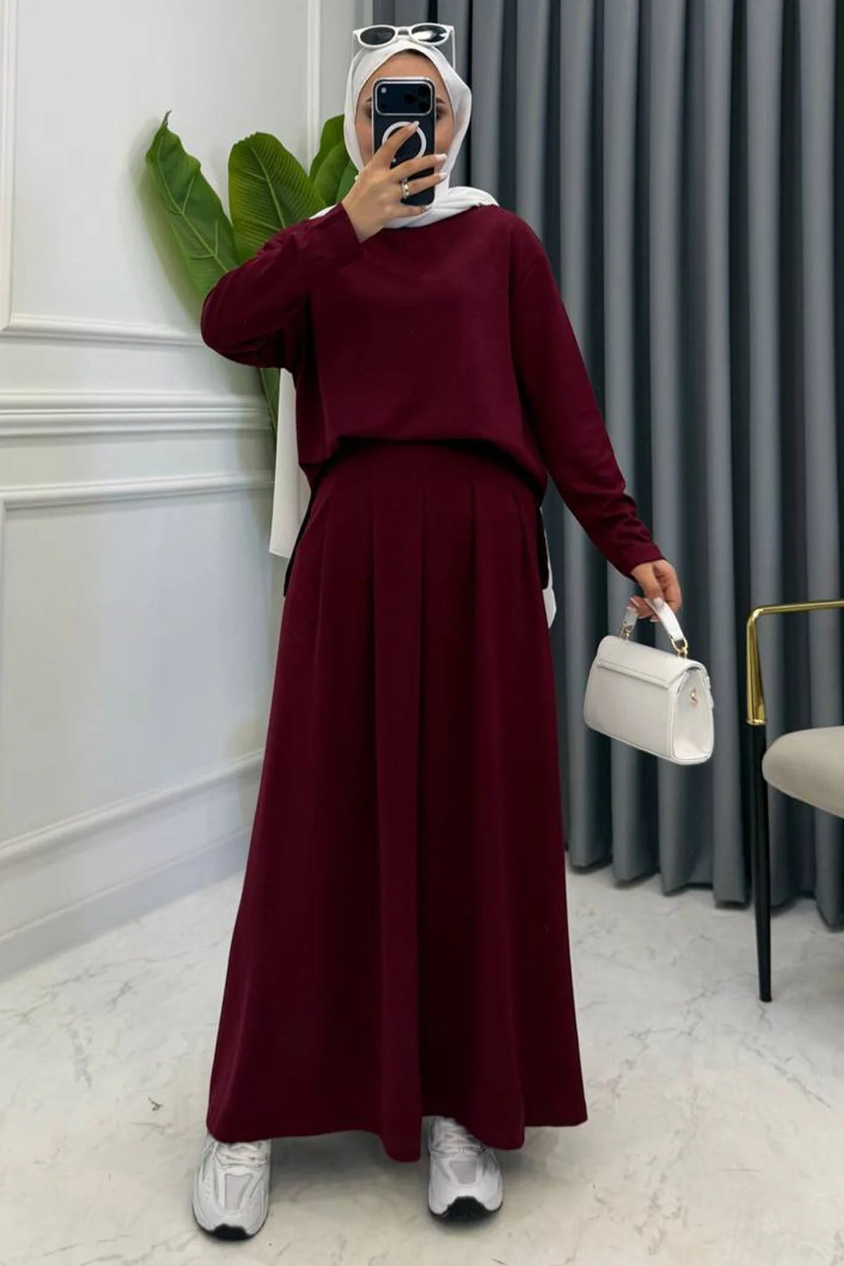 Mogi Butik Pileli Uzun Etekli Modal Tesettür Oversize Kadın Takım 3201
