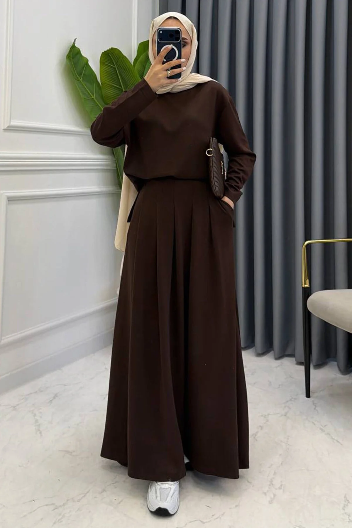 Mogi Butik Pileli Uzun Etekli Modal Tesettür Oversize Kadın Takım 3201