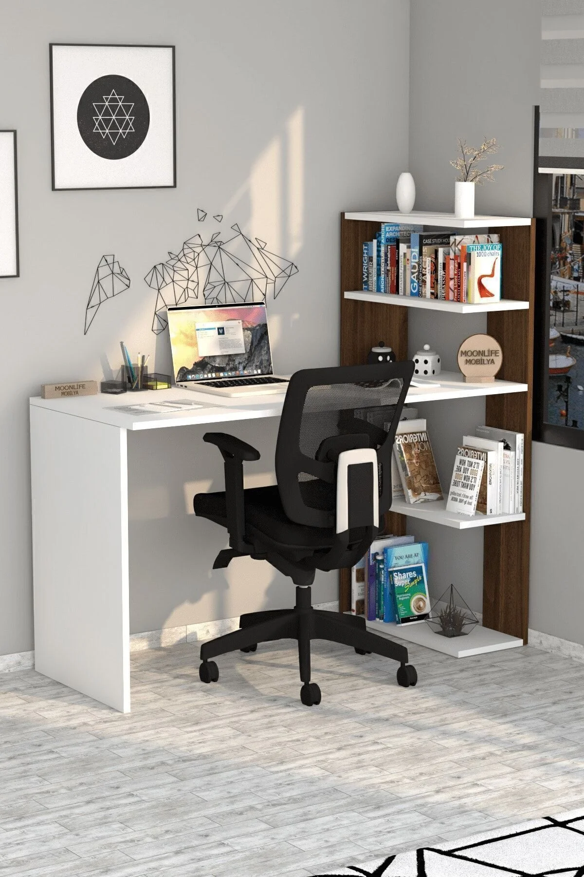 Moonlife Mobilya Çınar Kitaplıklı Çalışma Masası Beyaz