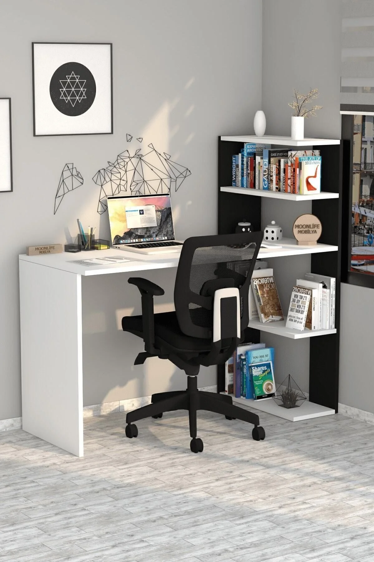 Moonlife Mobilya Çınar Kitaplıklı Çalışma Masası Beyaz