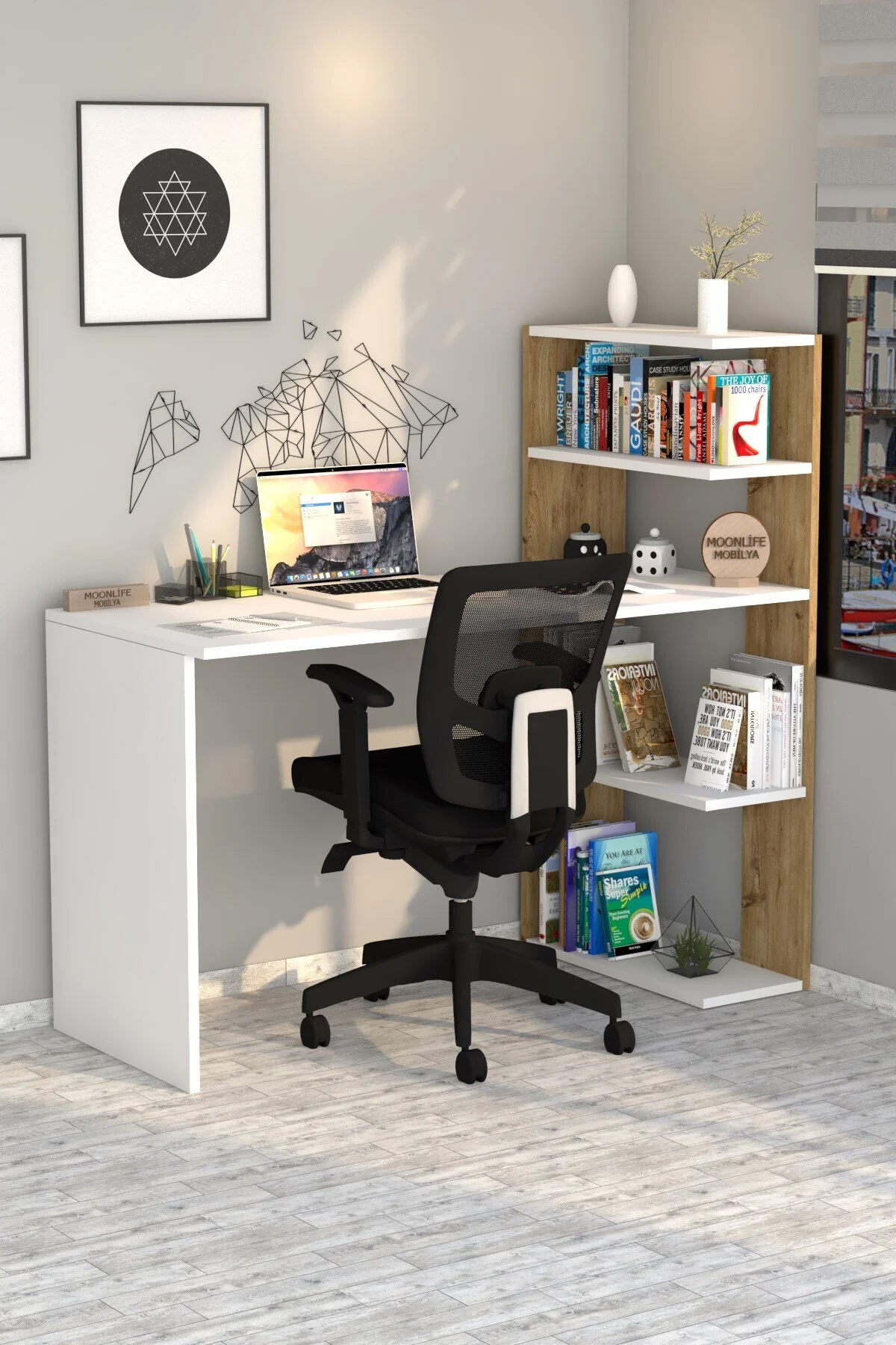 Moonlife Mobilya Çınar Kitaplıklı Çalışma Masası Beyaz