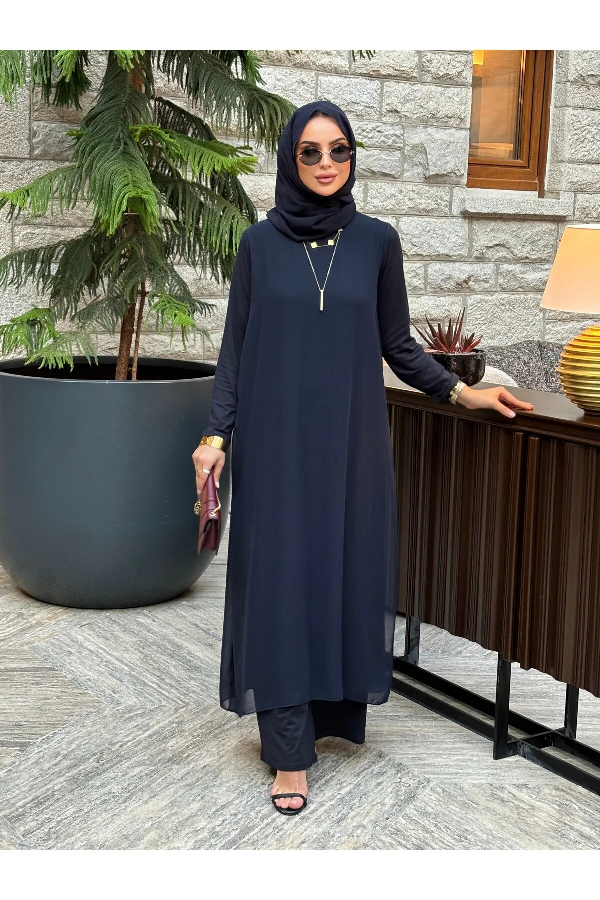 Mürdüm butik Pamuk/Viskon ve Şifon Kumaşlı İkili Takım-Siyah