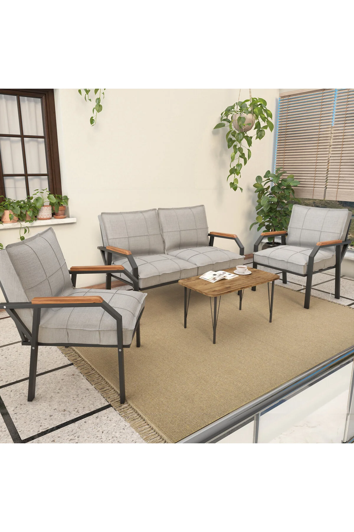 Mygusi Hayal Balkon, Bahçe, Cafe, Metal Kanepe Koltuk Takımı , Bahçe Mobilyası, 211 Sehpalı - Antrasit