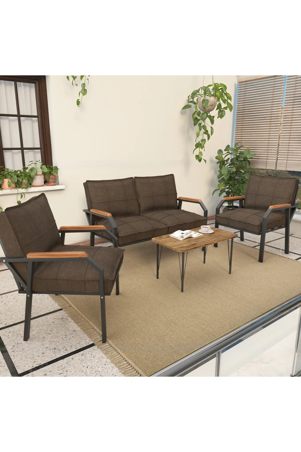 Mygusi Hayal Balkon, Bahçe, Cafe, Metal Kanepe Koltuk Takımı , Bahçe Mobilyası, 211 Sehpalı - Antrasit