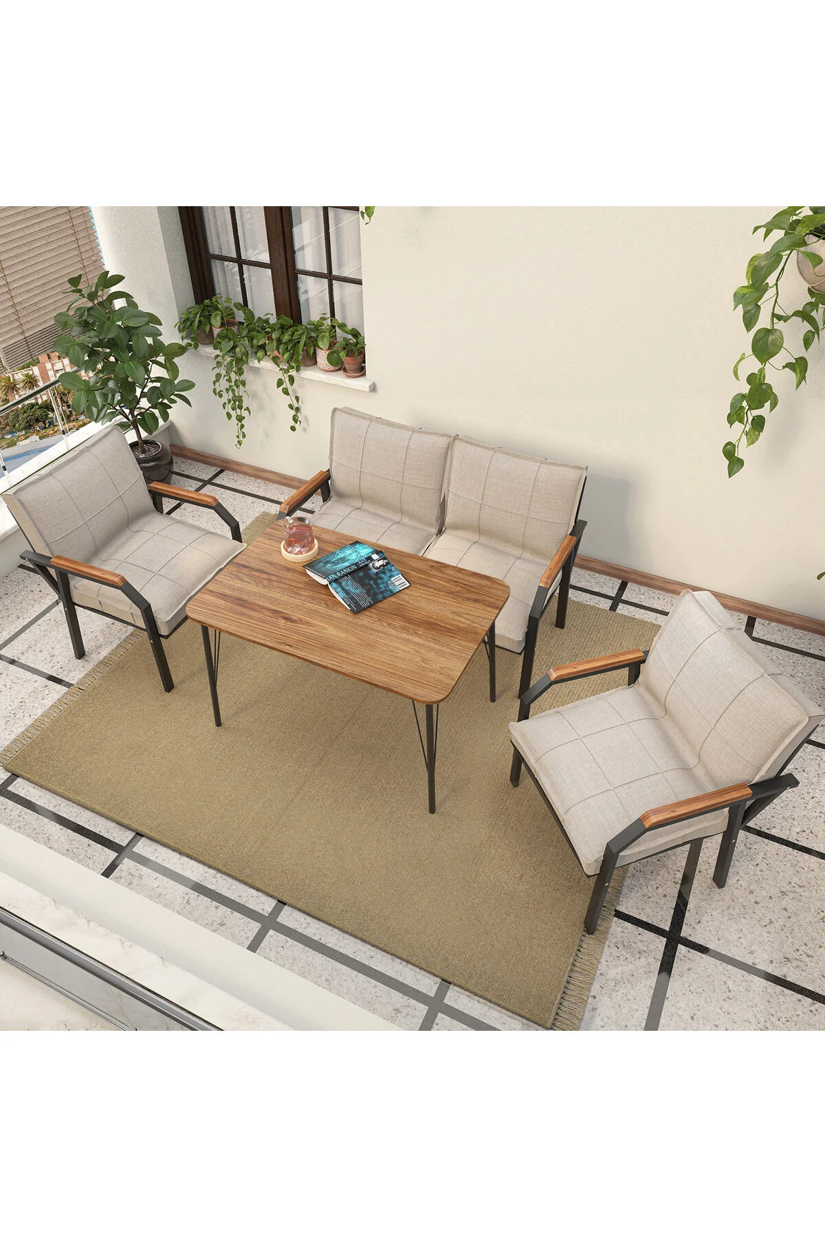 Mygusi Hayal Balkon, Bahçe, Cafe, Metal Kanepe Koltuk Takımı , Bahçe Mobilyası, 60x90 Masalı - 211 Koyu Gri