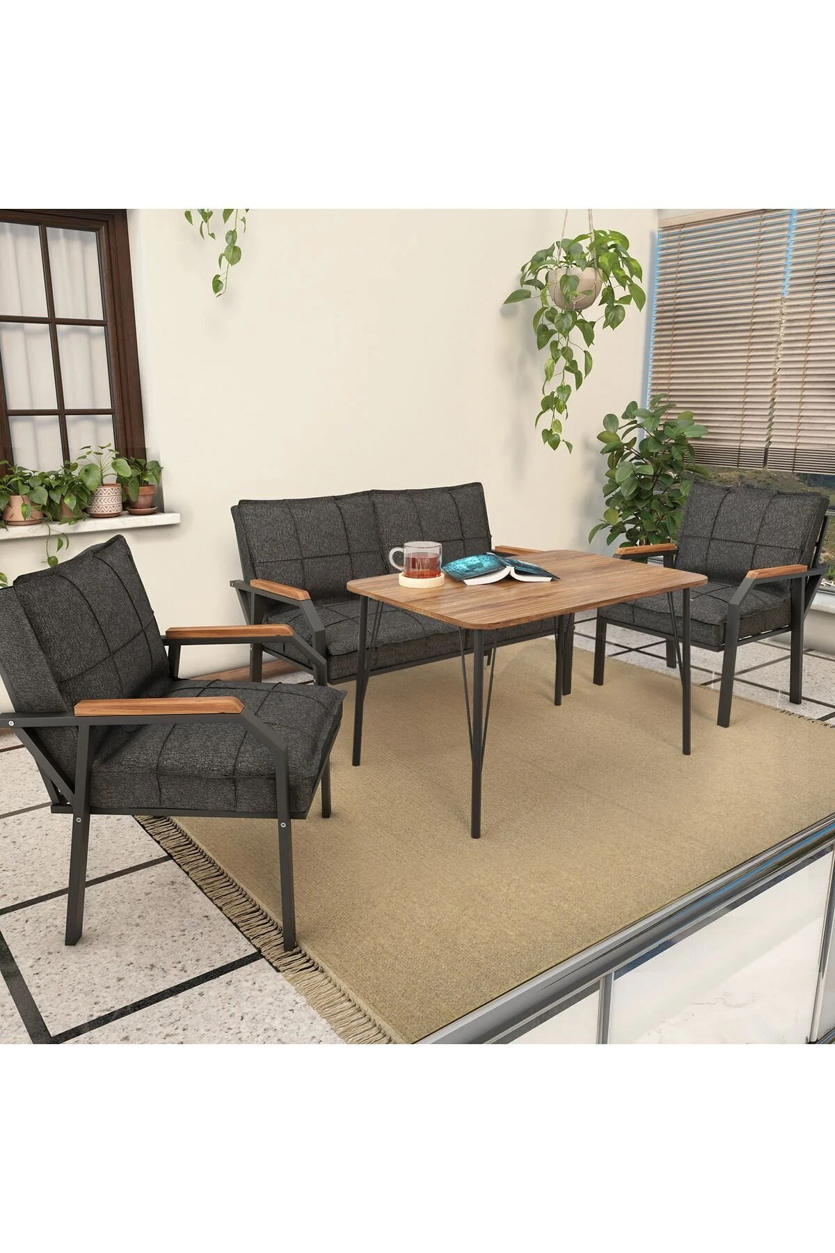 Mygusi Hayal Balkon, Bahçe, Cafe, Metal Kanepe Koltuk Takımı , Bahçe Mobilyası, 60x90 Masalı - 211 Koyu Gri