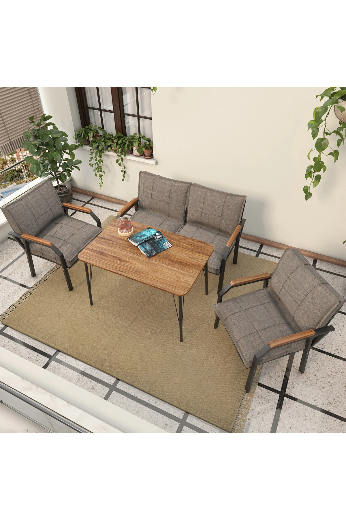 Mygusi Hayal Balkon, Bahçe, Cafe, Metal Kanepe Koltuk Takımı , Bahçe Mobilyası, 60x90 Masalı - 211 Koyu Gri