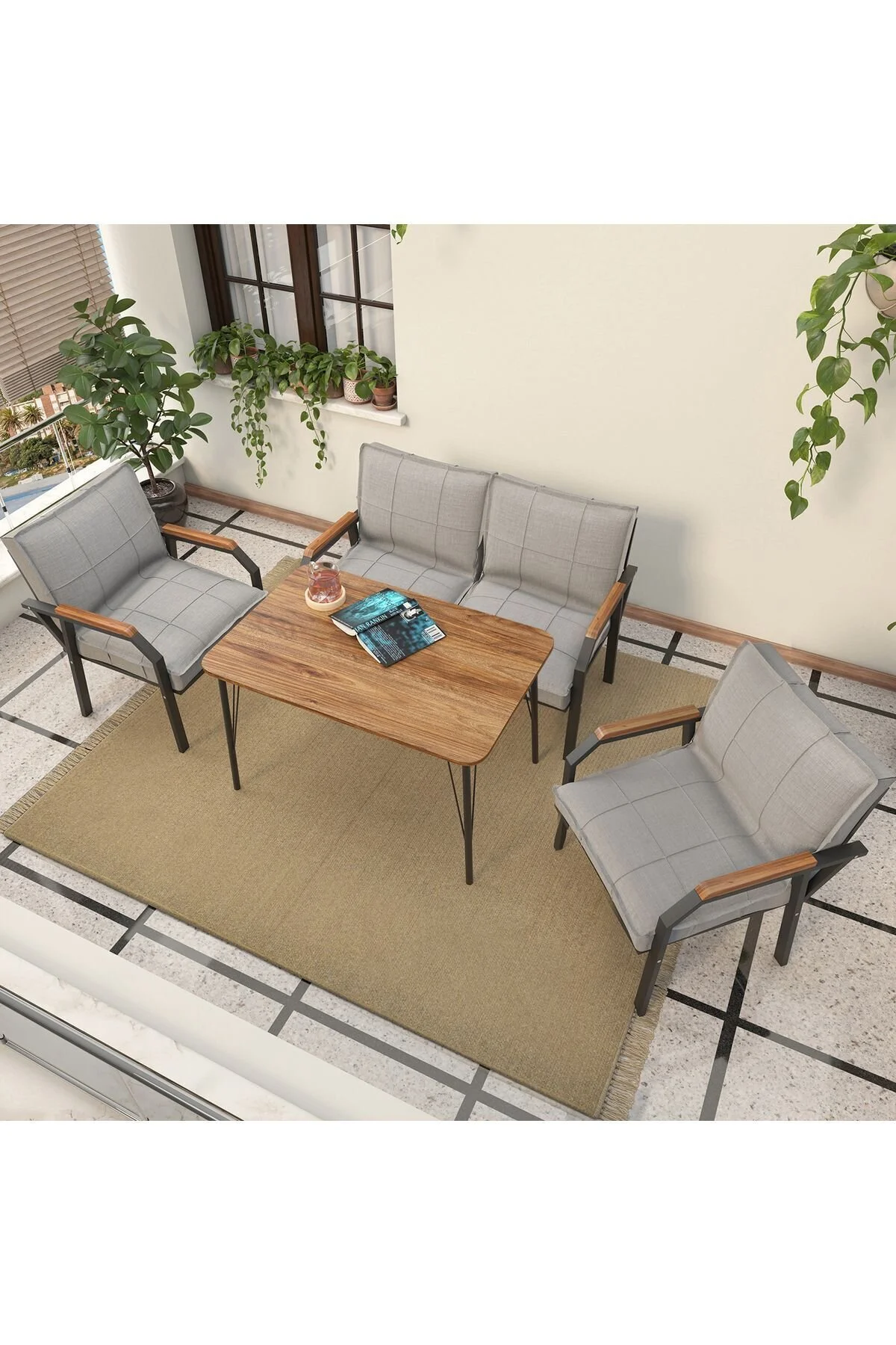 Mygusi Hayal Balkon, Bahçe, Cafe, Metal Kanepe Koltuk Takımı , Bahçe Mobilyası, 60x90 Masalı - 211 Koyu Gri