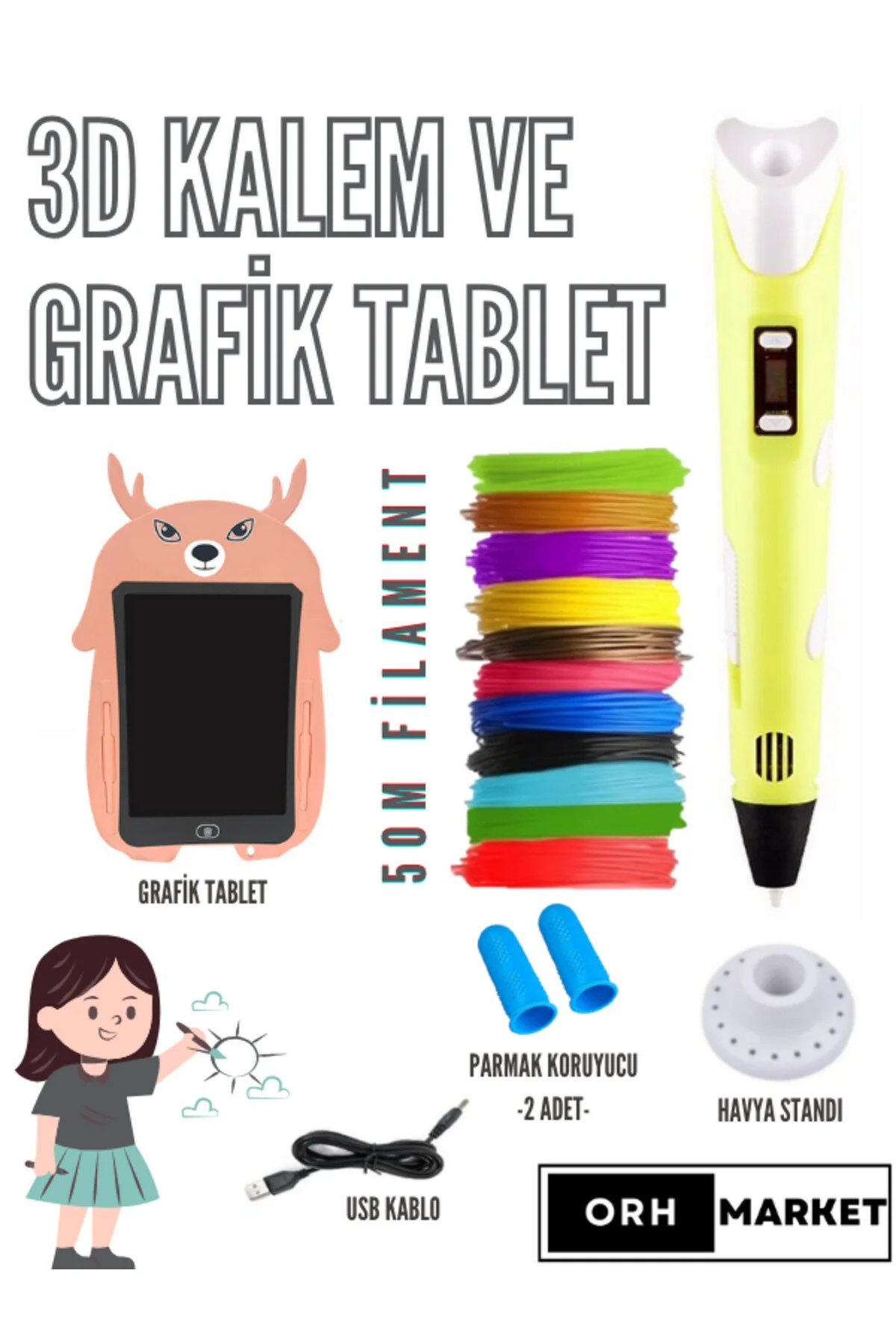 ORH Pembe Tavşan Grafik Tablet Ve 3d Kalem 3d Pen Usb Kablolu Üç Boyutlu Yazıcı Kalem Printer Set