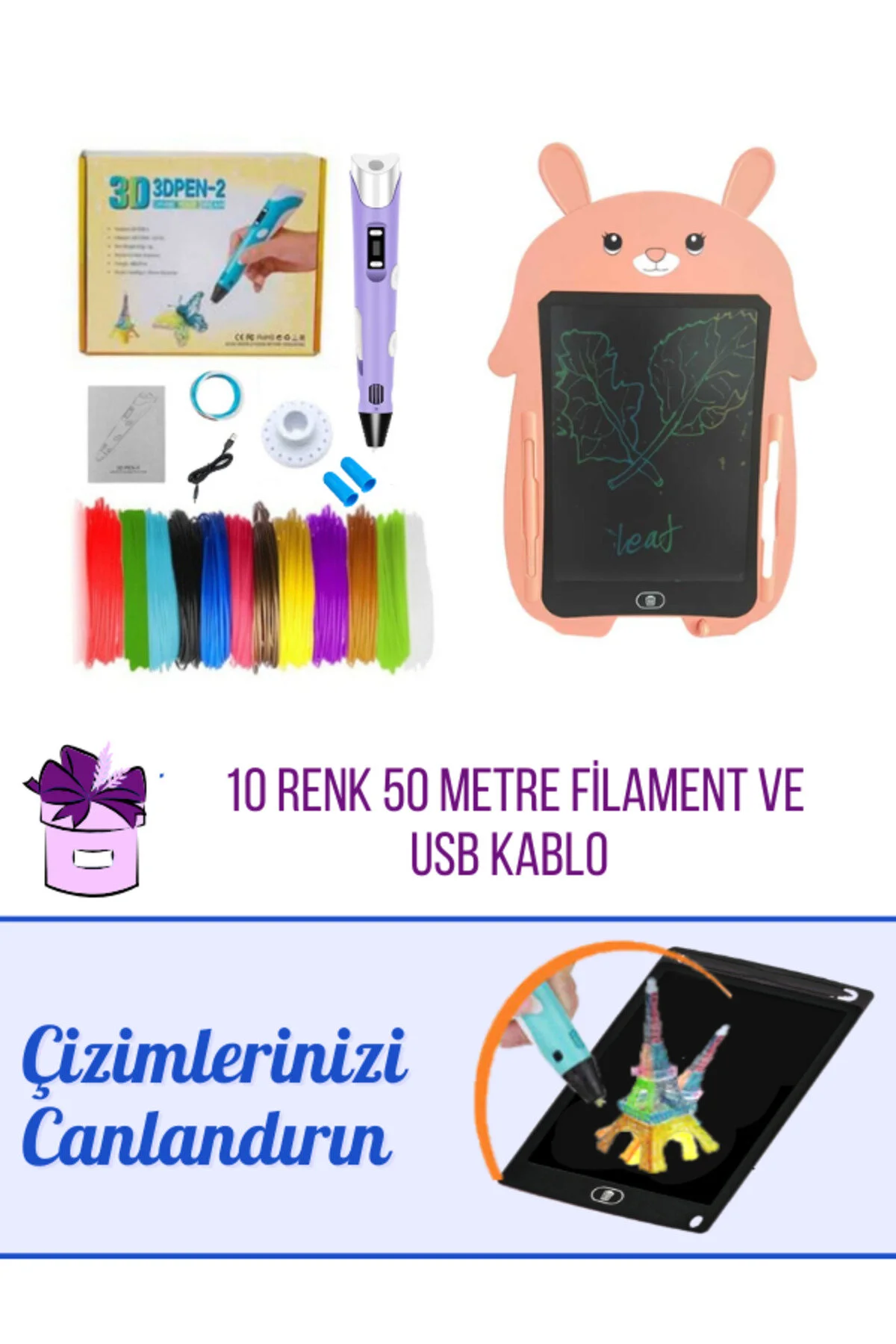 ORH Pembe Tavşan Grafik Tablet Ve 3d Kalem 3d Pen Usb Kablolu Üç Boyutlu Yazıcı Kalem Printer Set