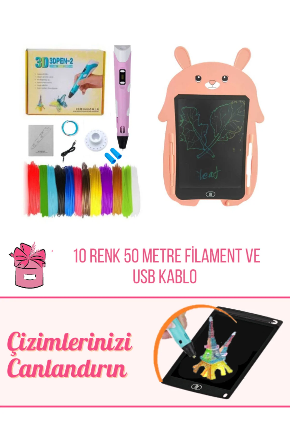 ORH Pembe Tavşan Grafik Tablet Ve Mor 3d Kalem 3d Pen Usb Kablolu Üç Boyutlu Yazıcı Kalem Printer Set