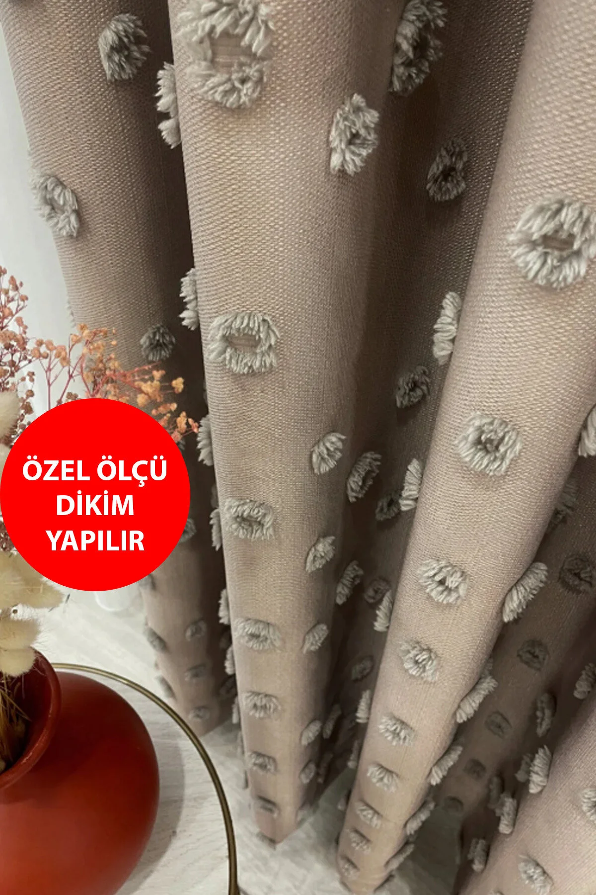 Perde Pendik Fon Perde Kiremit Tarçın Pufy Püsküllü, Ponponlu, Perde Sık Pileli Keten Pano Fon Tek Kanat