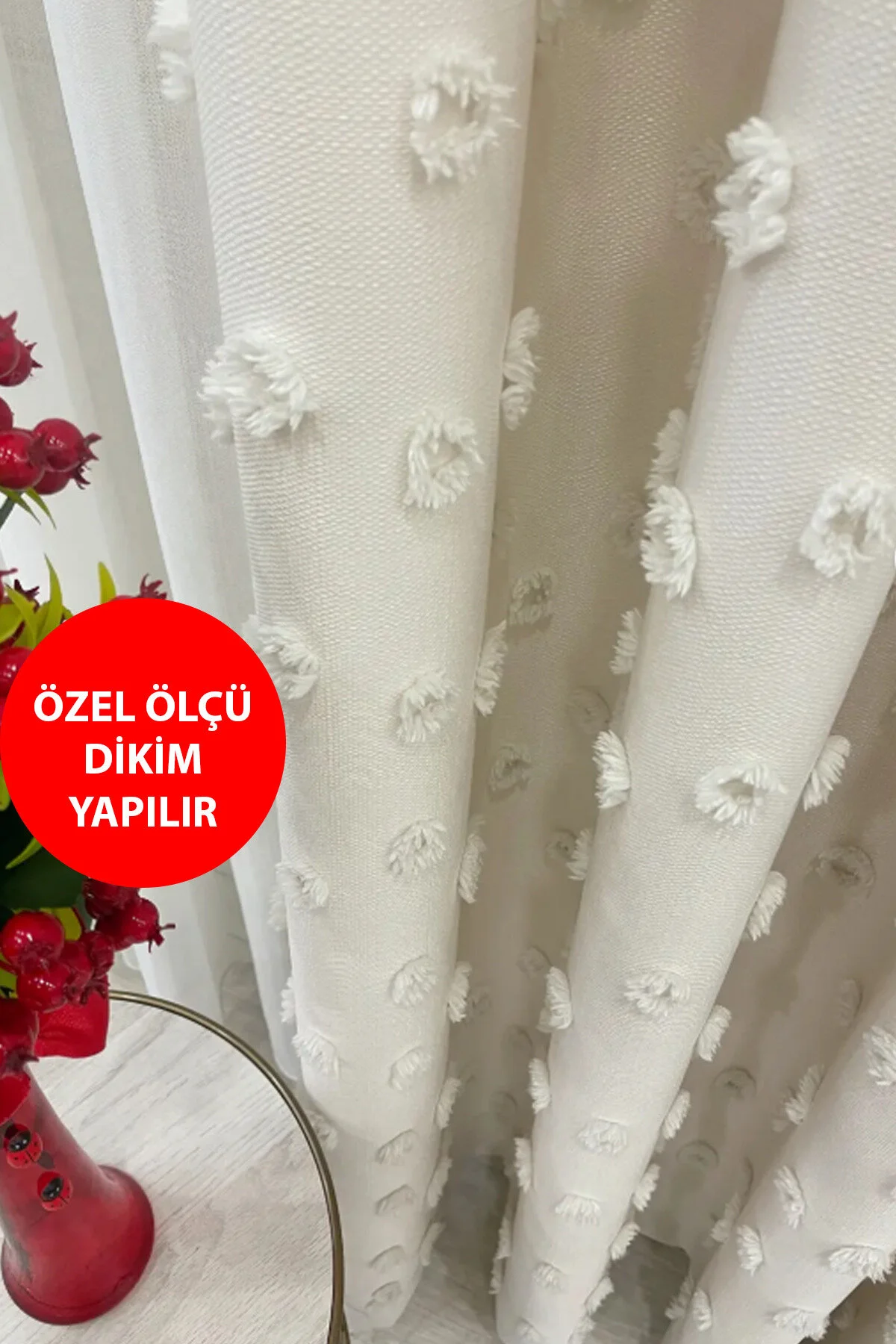 Perde Pendik Fon Perde Şeker Pembe Pufy Püsküllü, Ponponlu, Perde Sık Pileli Keten Pano Fon Tek Kanat
