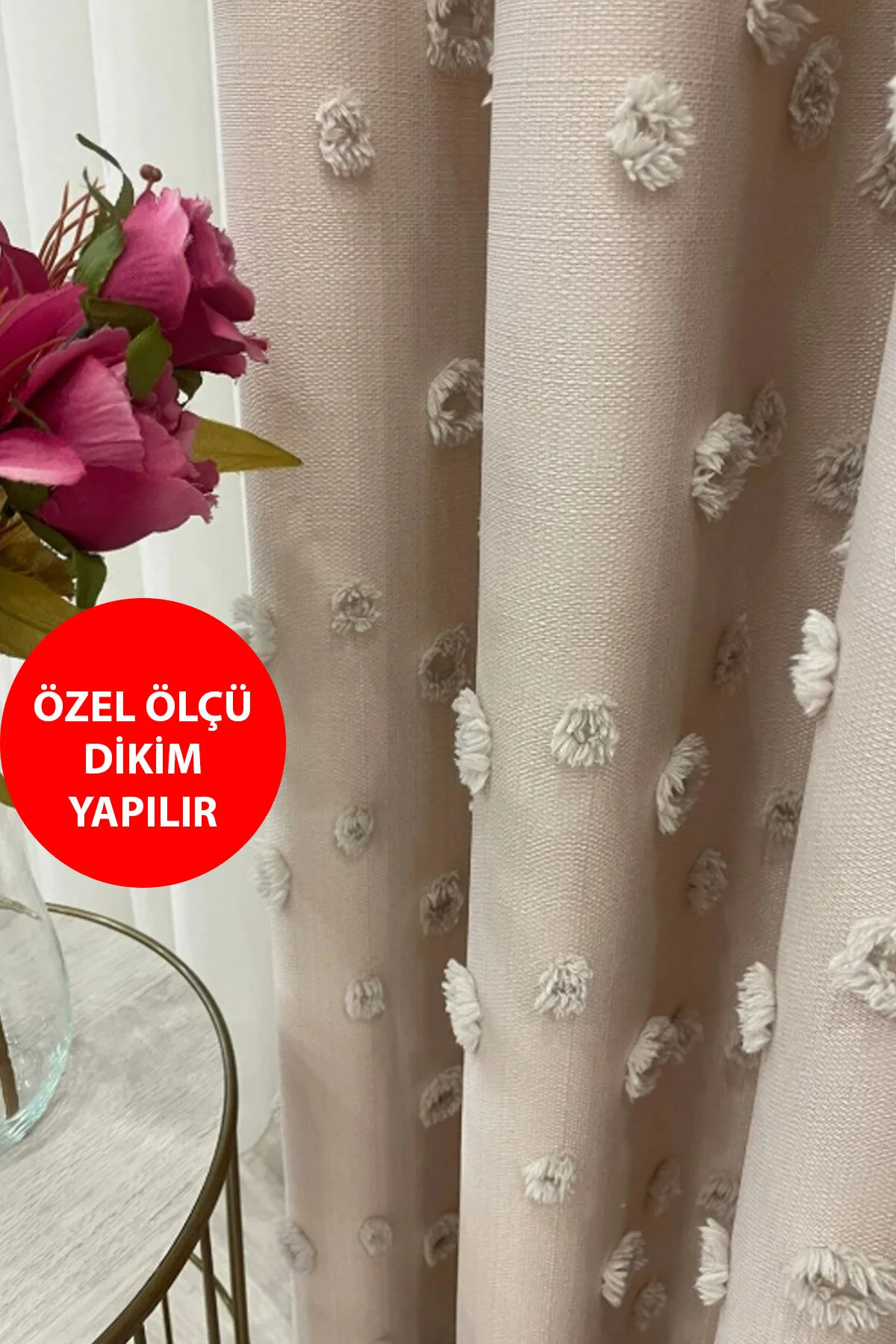 Perde Pendik Fon Perde Şeker Pembe Pufy Püsküllü, Ponponlu, Perde Sık Pileli Keten Pano Fon Tek Kanat