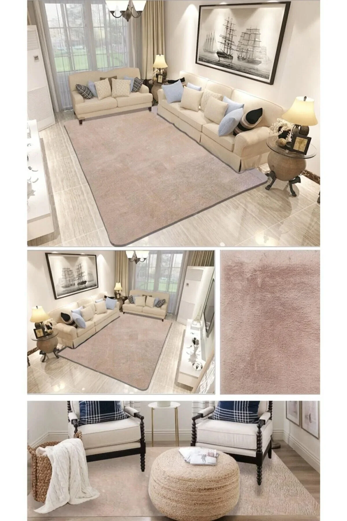 Raschel Carpet Kesme Yolluk Kaymaz Taban Yumuşak Peluş Halı Beyaz