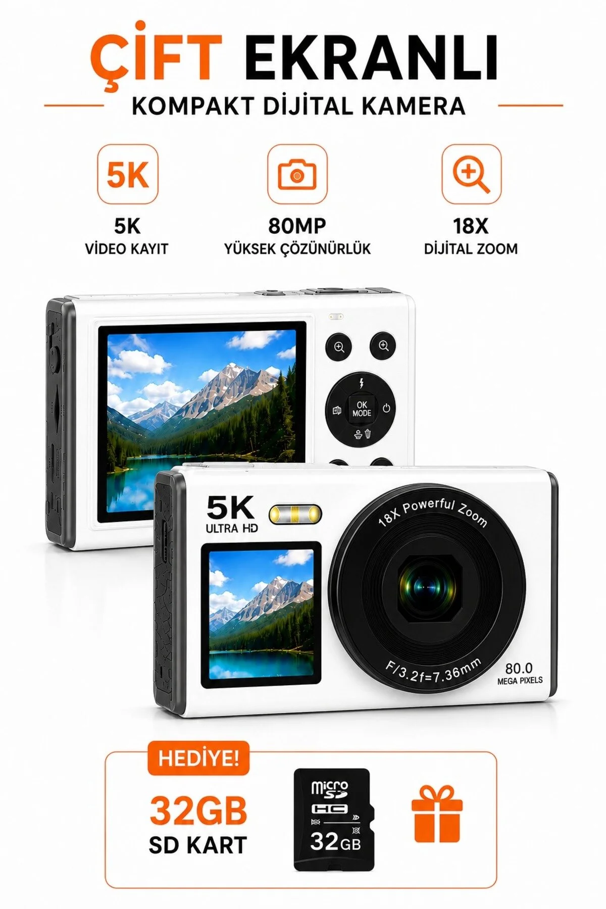 RAYLAX 5K Ultra HD Çift Ekranlı Dijital Fotoğraf Makinesi 80MP AF Otomatik Odak 18X Zoom 32GB SD Kart Hediyeli
