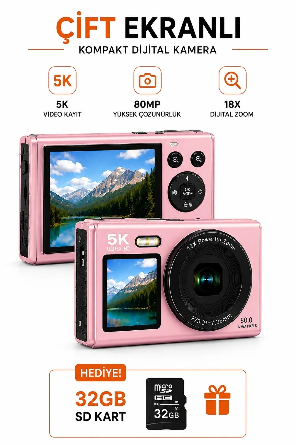 RAYLAX 5K Ultra HD Çift Ekranlı Dijital Fotoğraf Makinesi 80MP AF Otomatik Odak 18X Zoom 32GB SD Kart Hediyeli