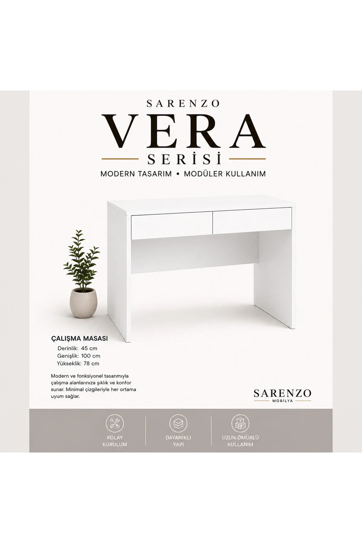 Sarenzo Vera Çalışma Masası Kum Beji Modern Makyaj Masası