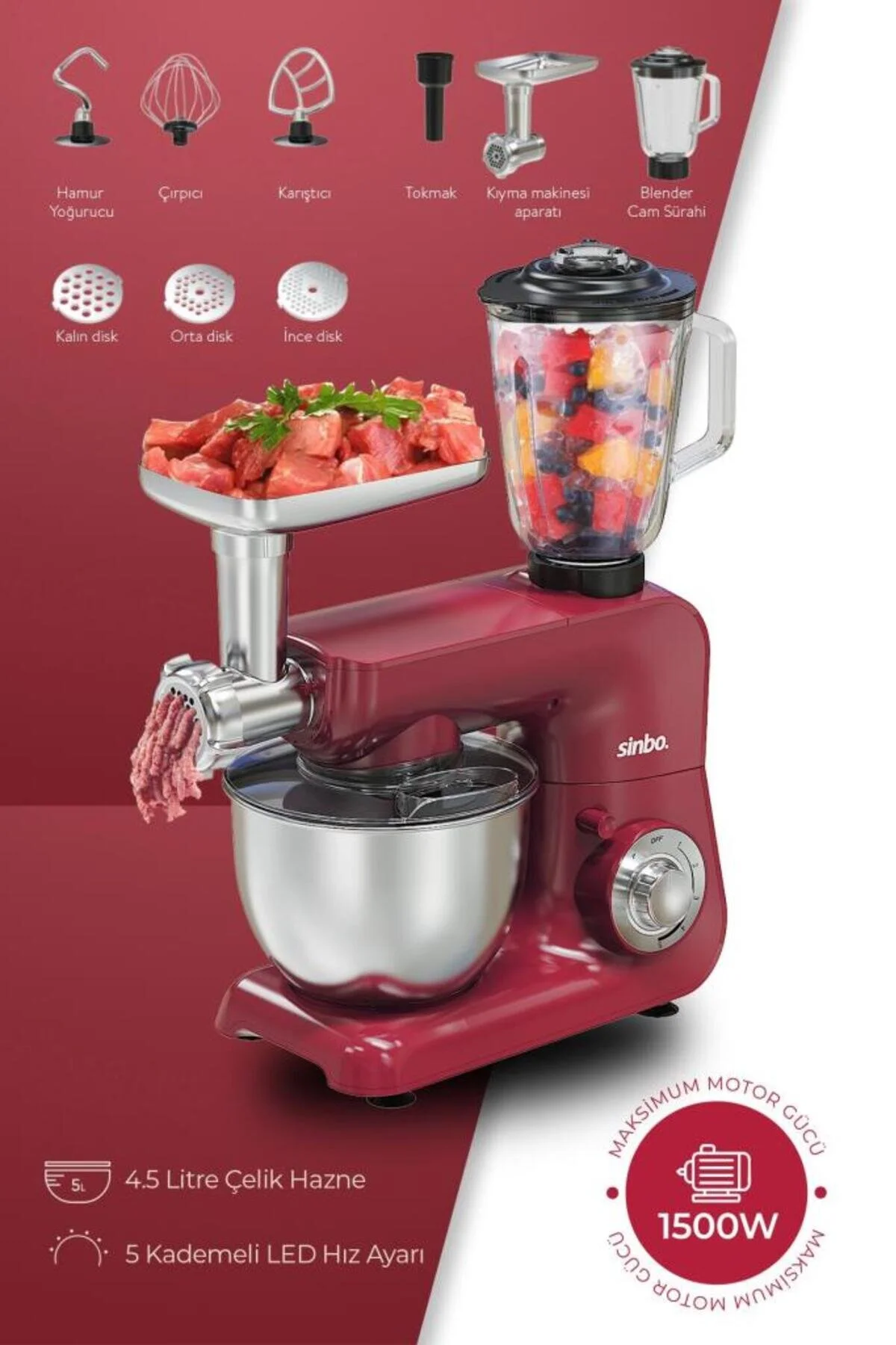 Sinbo SMX-2772 Çok Amaçlı 3ın1 Mutfak Şefi Hamur Yoğurma Kıyma Makinesi Sürahi Blender 1200w