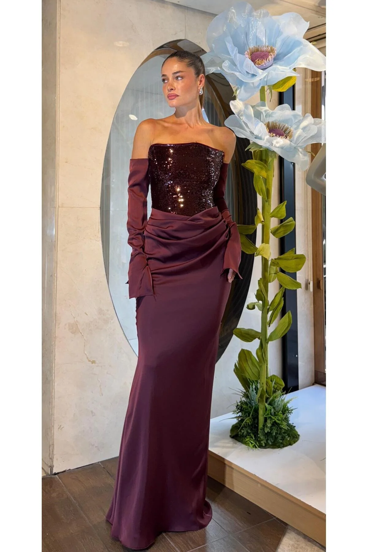 SpringStore Kahve Üstü Payet Altı Krep Abiye