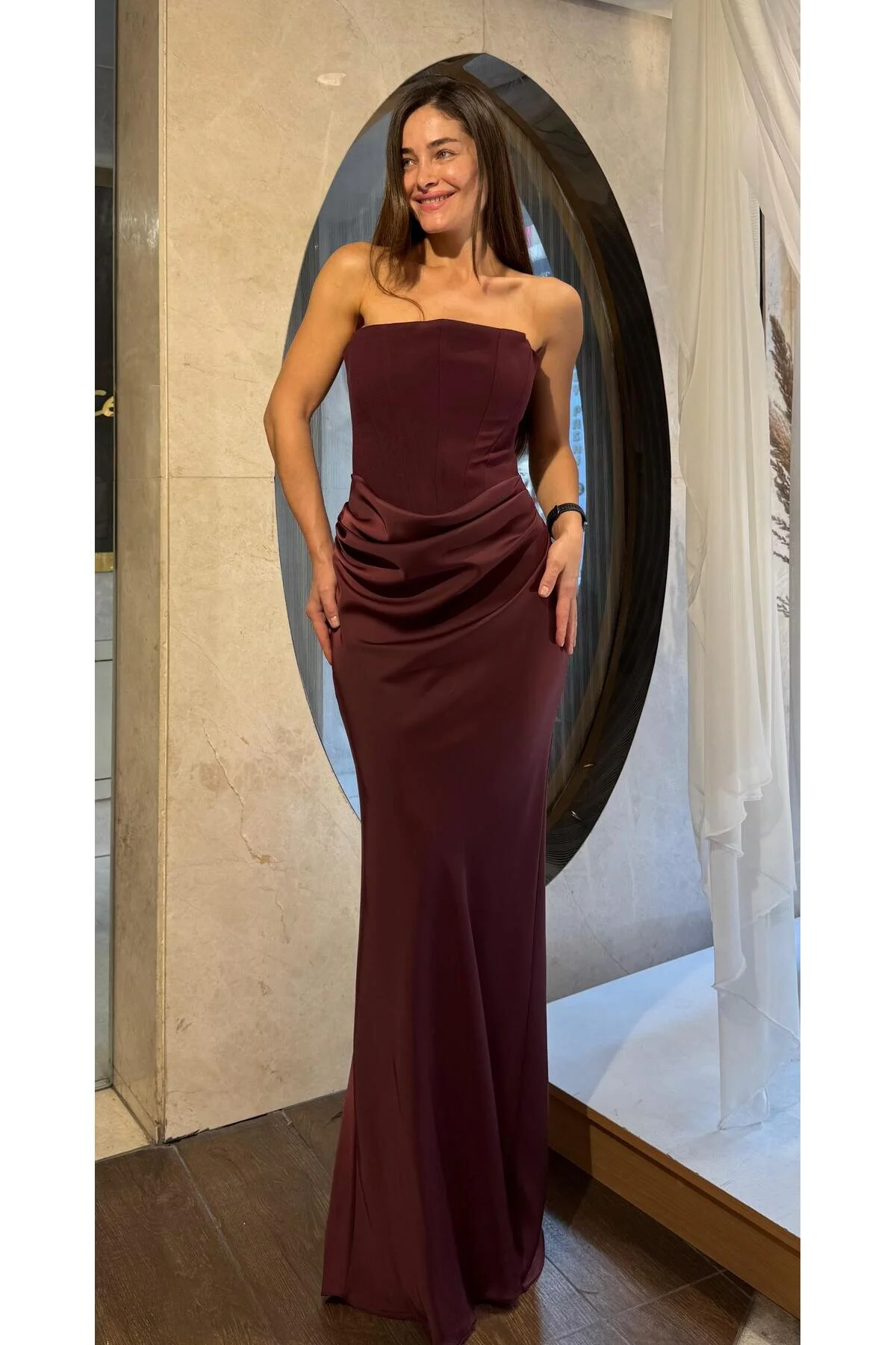 SpringStore Lacivert Üstü Krep Altı Saten Abiye