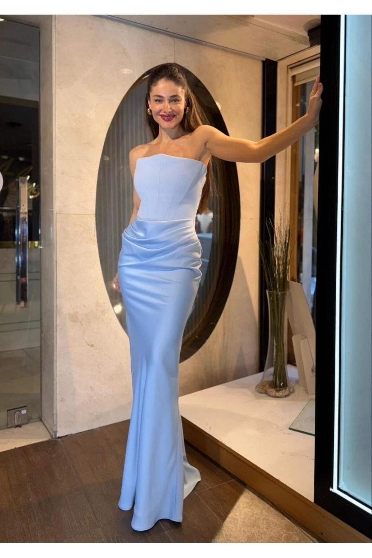 SpringStore Lacivert Üstü Krep Altı Saten Abiye