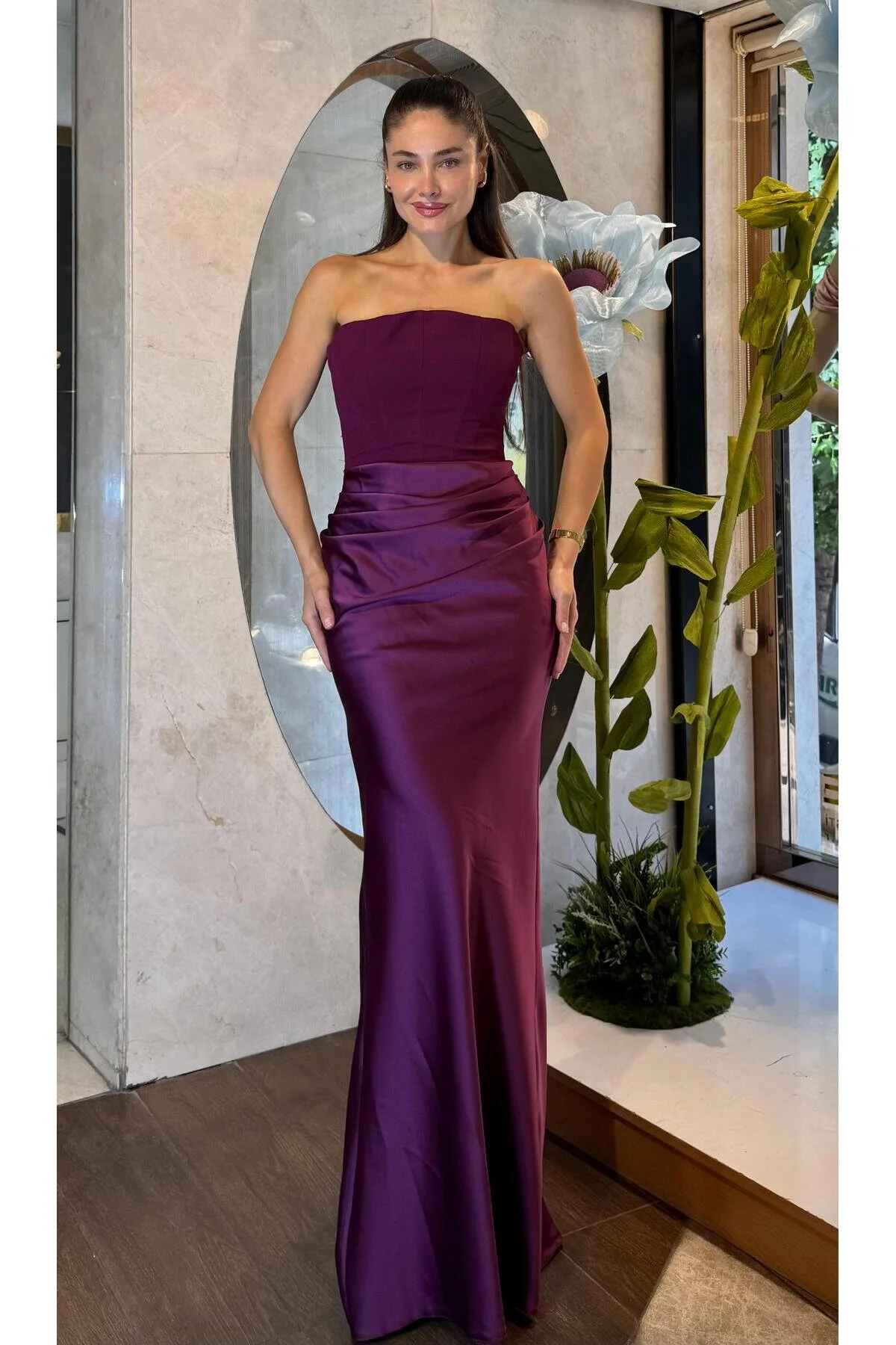 SpringStore Lacivert Üstü Krep Altı Saten Abiye