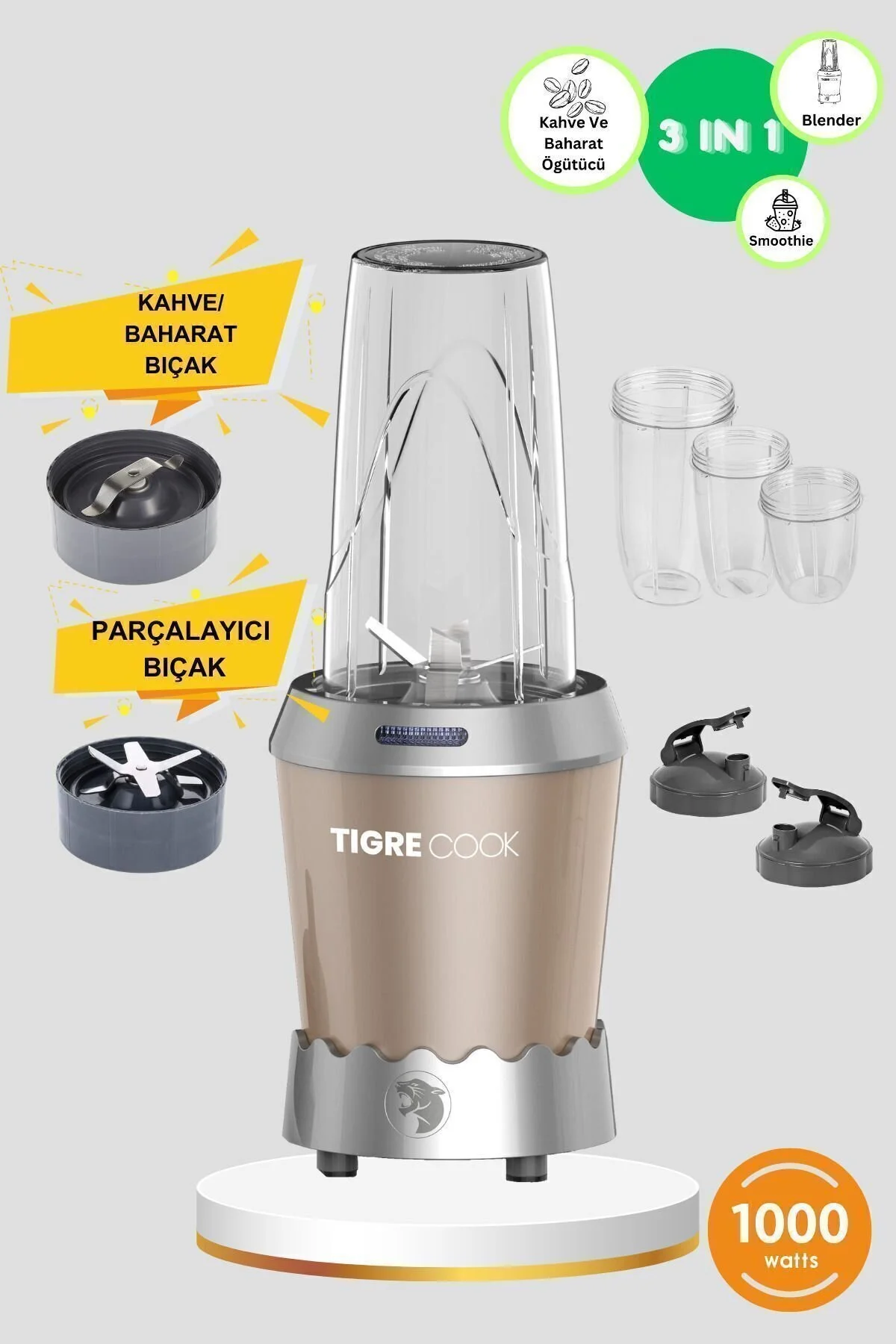 TIGRECOOK NUTRISHAKE 3 in 1 Paslanmaz Çelik Bıçaklı Kişisel Smoothie Blender ve Kahve Baharat Öğütücü 1000 GRi