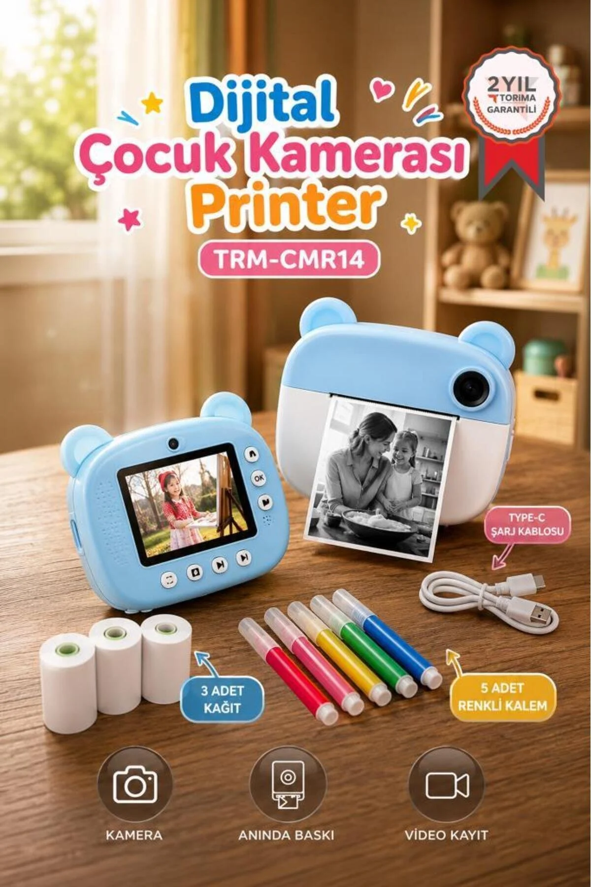 Torima Dijital Fotoğraf Makinesi Çocuk Termal Resim Kağıt Baskılı Yazıcı Kamera Makinesi CMR14 Mor