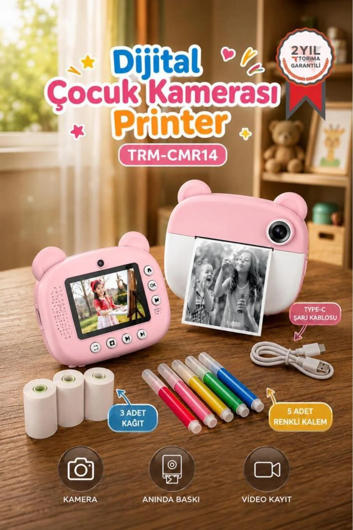 Torima Dijital Fotoğraf Makinesi Çocuk Termal Resim Kağıt Baskılı Yazıcı Kamera Makinesi CMR14 Mor