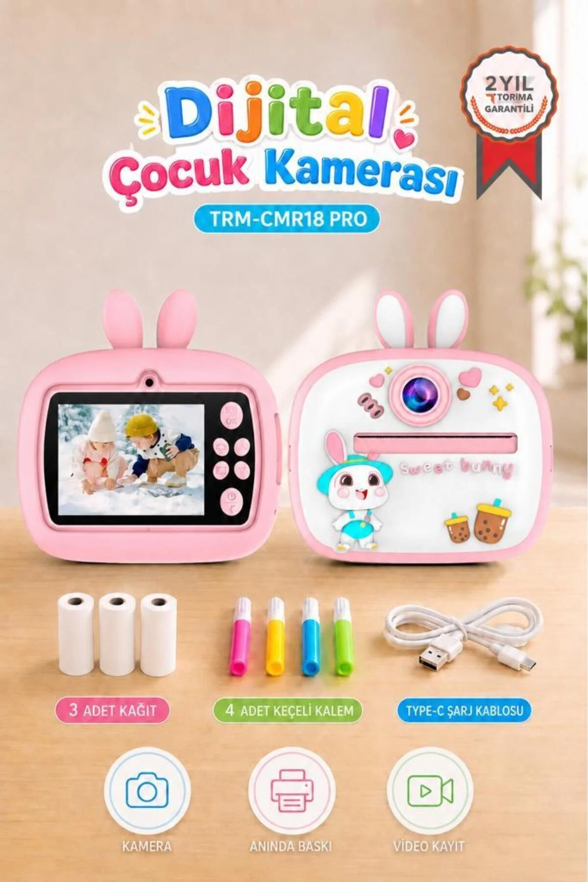 Torima Dijital Fotoğraf Makinesi Çocuk Termal Resim Kağıt Baskılı Yazıcı Kamera Video Makinesi CMR18 Mor