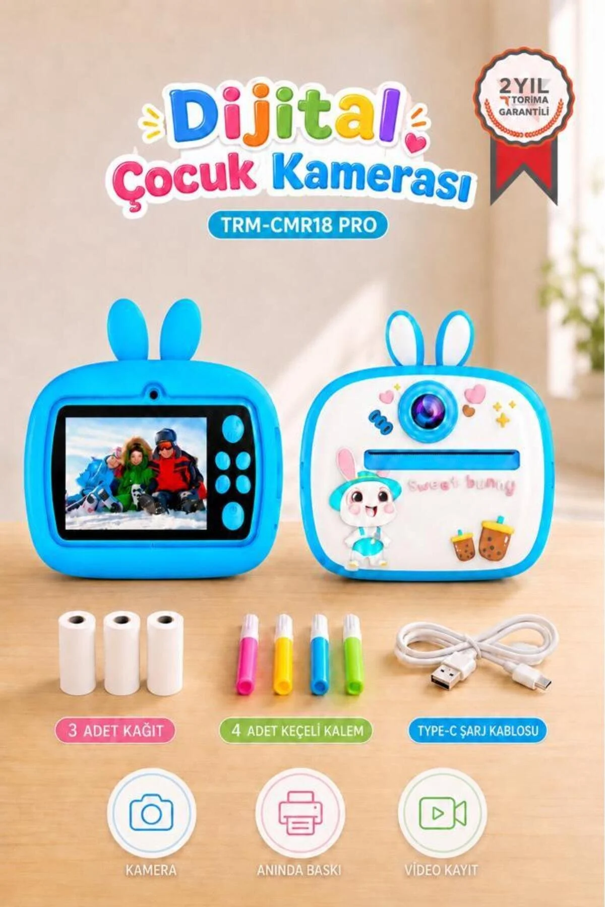 Torima Dijital Fotoğraf Makinesi Çocuk Termal Resim Kağıt Baskılı Yazıcı Kamera Video Makinesi CMR18 Mor