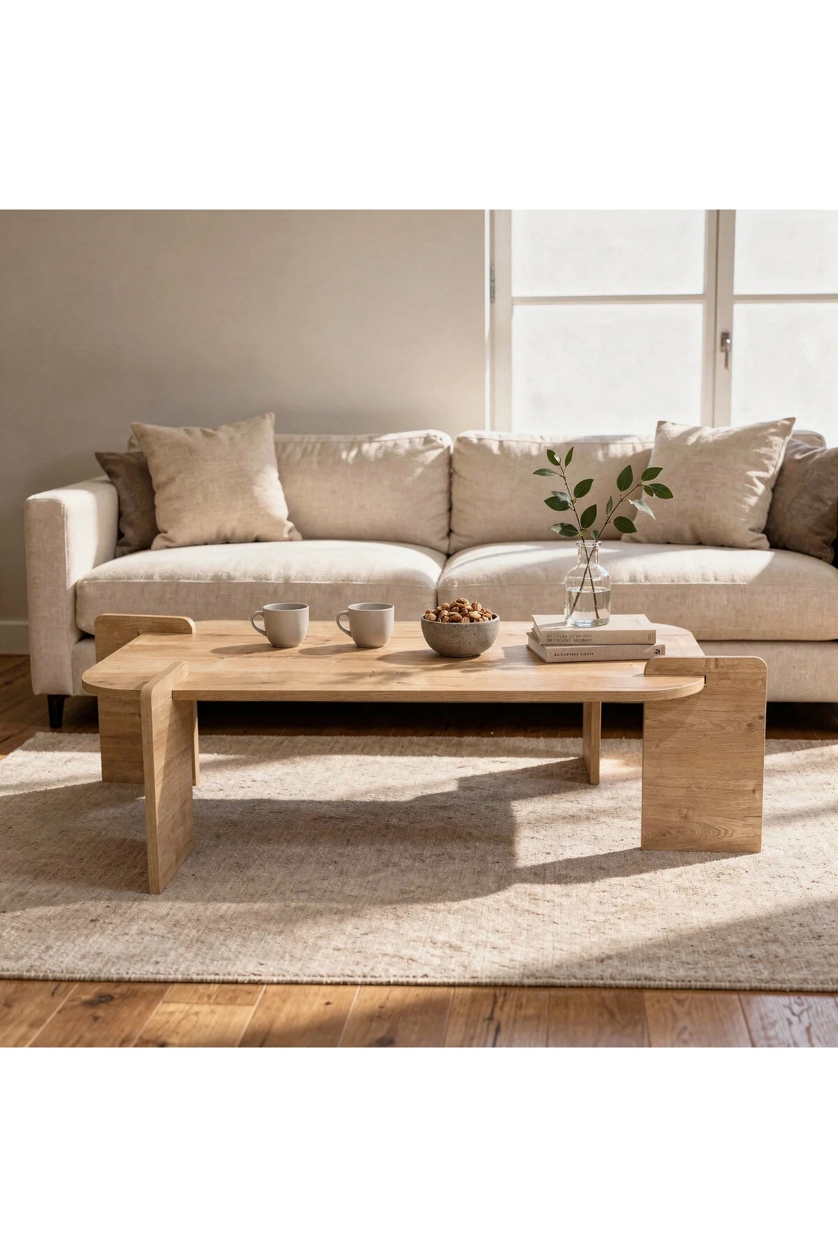 tridihome Traverten Orta Sehpa Modern Ceviz Ayaklı Dikdörtgen Doğal Taş görünüm Salon Sehpası Premium Tasarım