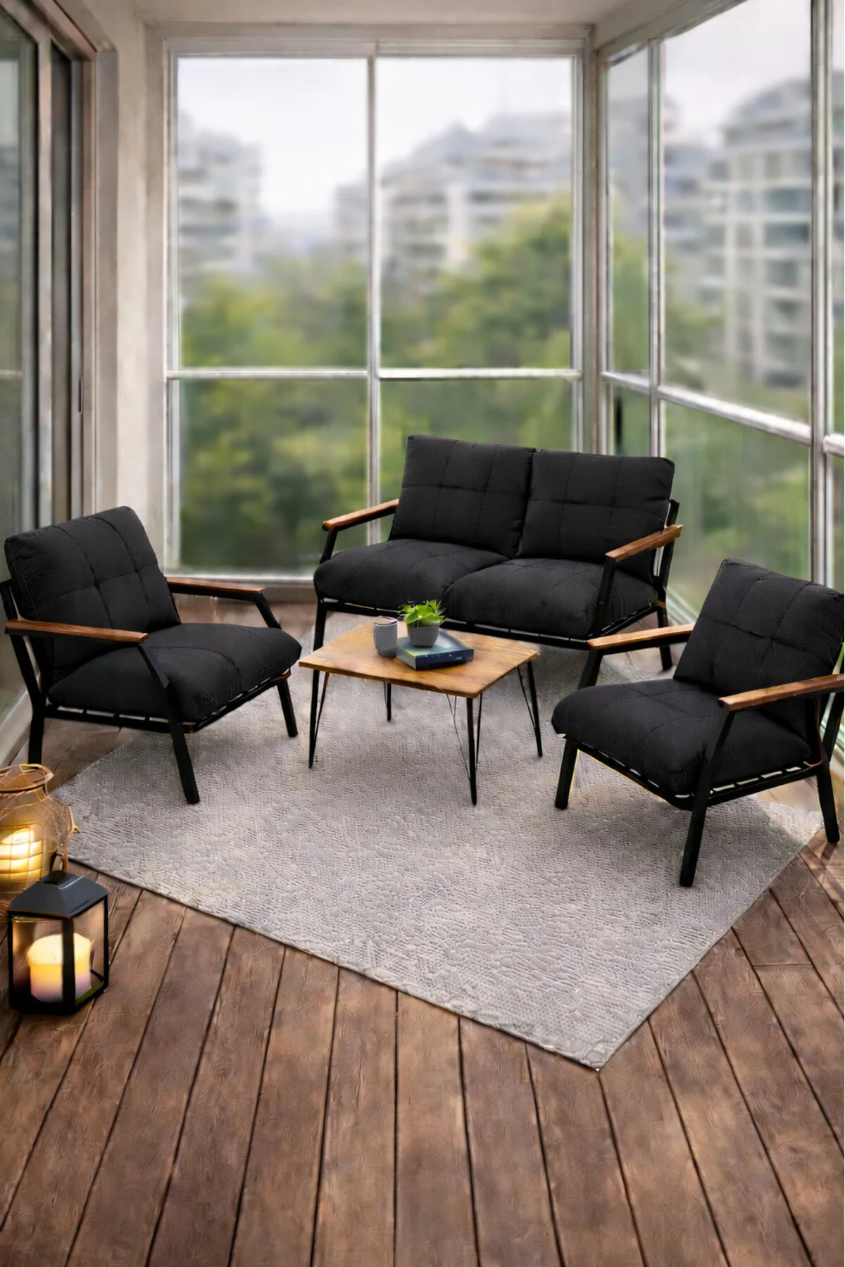 UFUK HOME Linda 211 Sehpalı Gri Fermuarlı Bahçe Balkon Takımı, Cafe, Salon - Metal Kanepe Koltuk Takımı