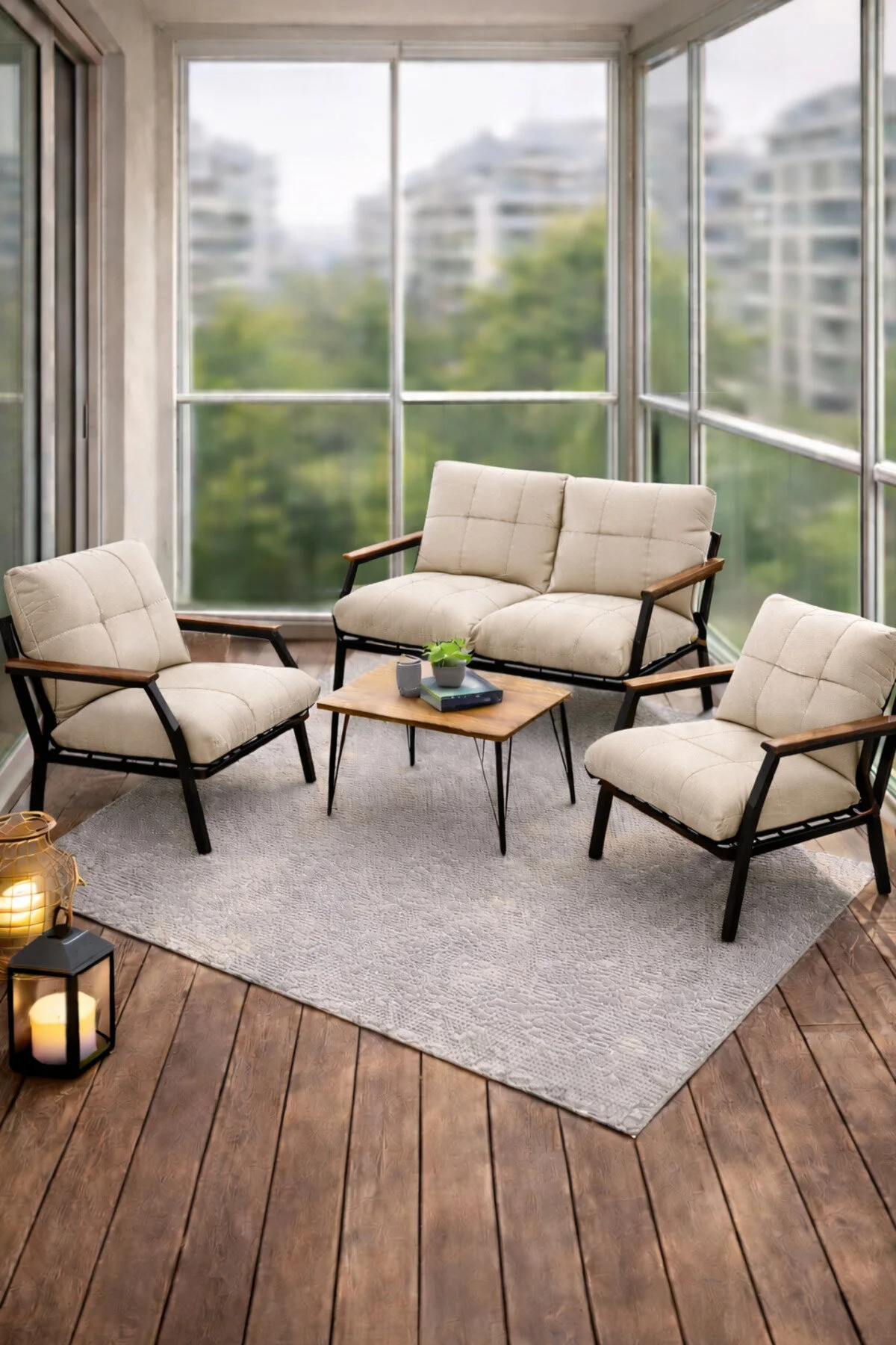 UFUK HOME Linda 211 Sehpalı Gri Fermuarlı Bahçe Balkon Takımı, Cafe, Salon - Metal Kanepe Koltuk Takımı
