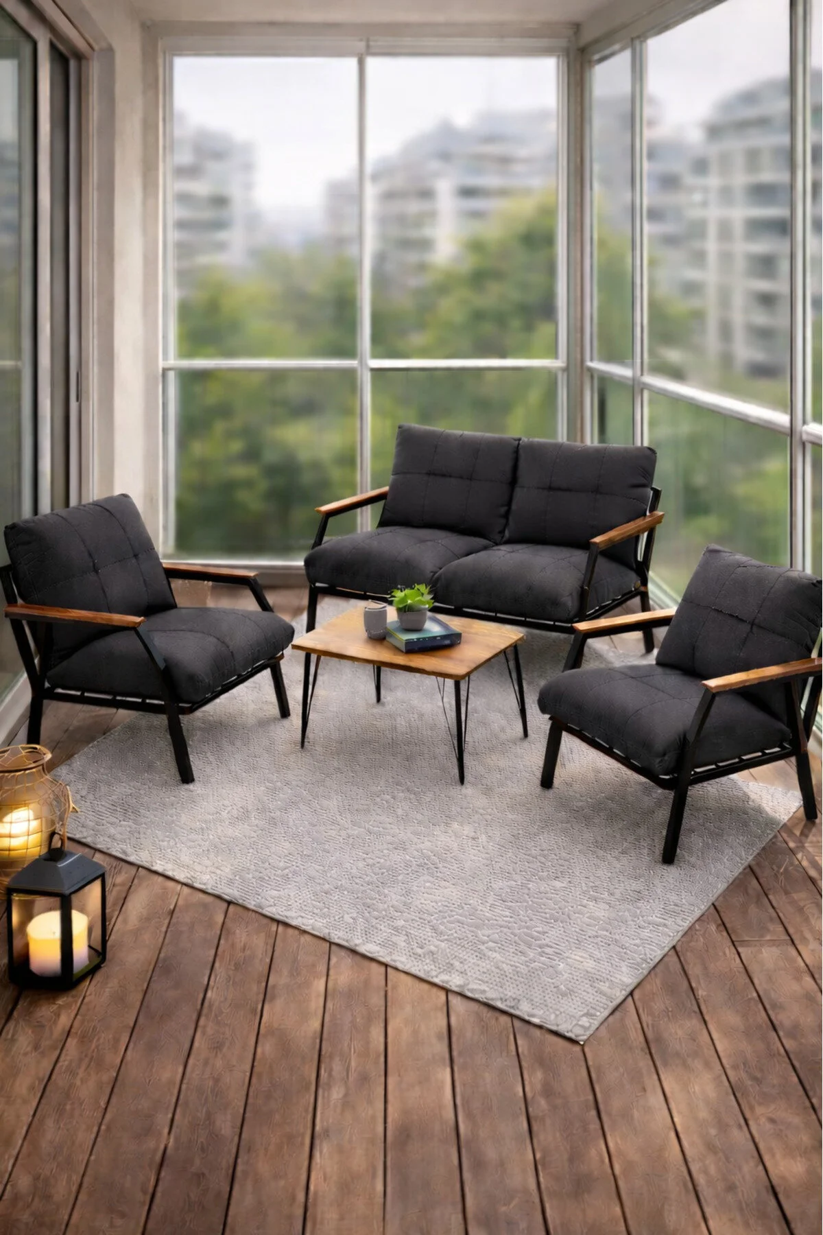 UFUK HOME Linda 211 Sehpalı Gri Fermuarlı Bahçe Balkon Takımı, Cafe, Salon - Metal Kanepe Koltuk Takımı