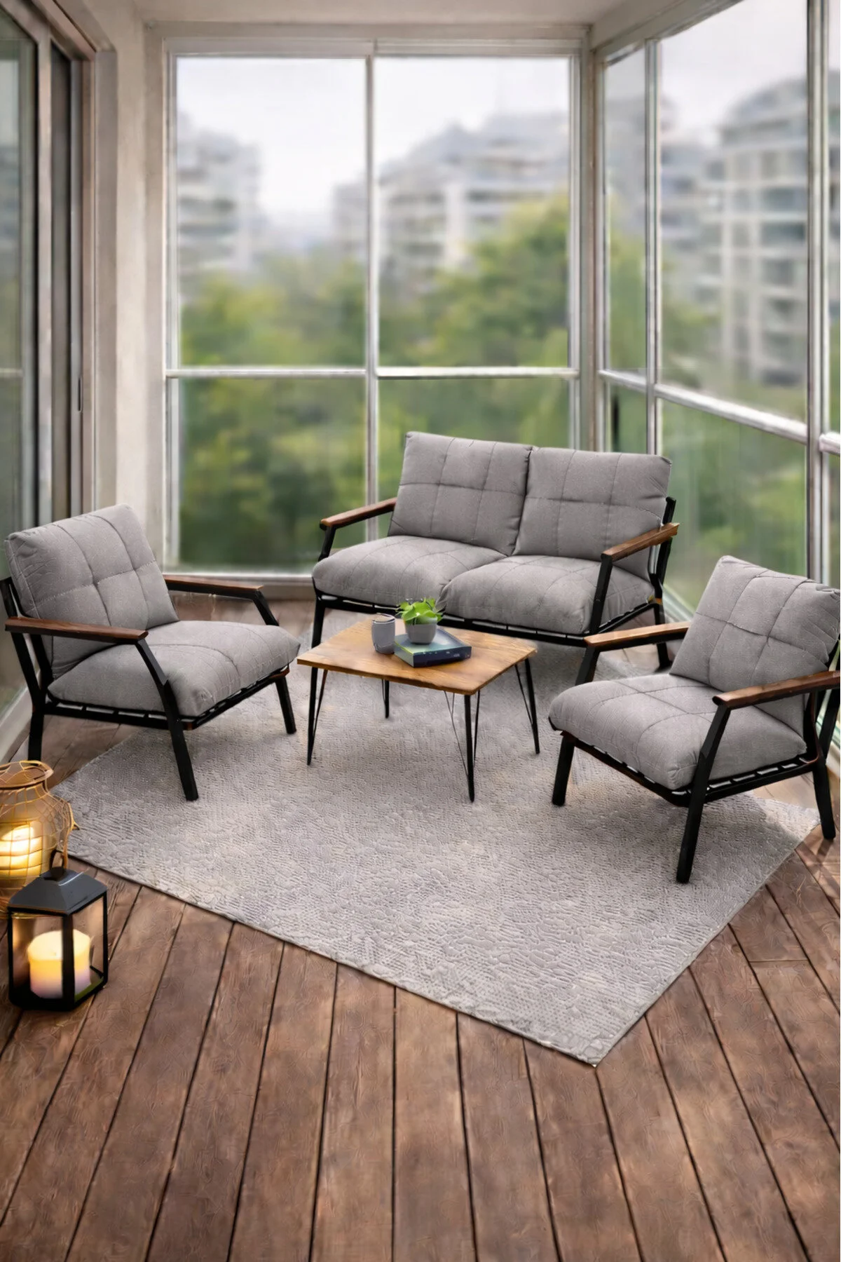 UFUK HOME Linda 211 Sehpalı Gri Fermuarlı Bahçe Balkon Takımı, Cafe, Salon - Metal Kanepe Koltuk Takımı