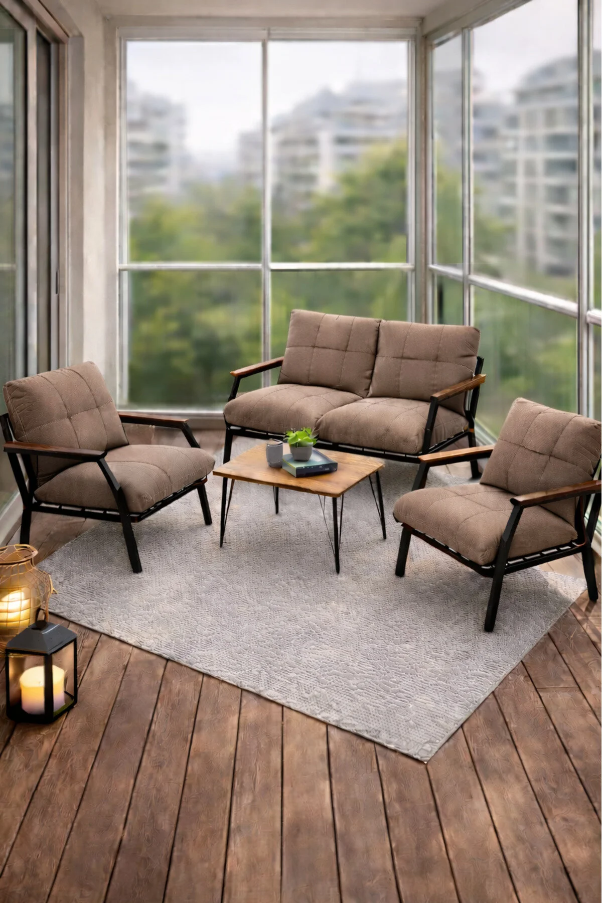 UFUK HOME Linda 211 Sehpalı Gri Fermuarlı Bahçe Balkon Takımı, Cafe, Salon - Metal Kanepe Koltuk Takımı